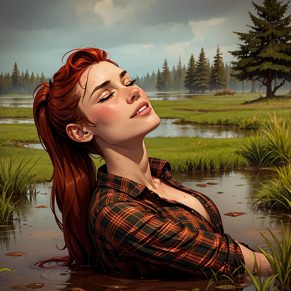 Comic style, solo girl, 1girl, Drowned in quicksand, swamp, bog, grass, tree, wearing unbuttoned flannel shirt, orgasming, looking up, eyes closed, from side, blush, muddy, messy, dirty, overcast weather, rain, red hair, Ponytail,