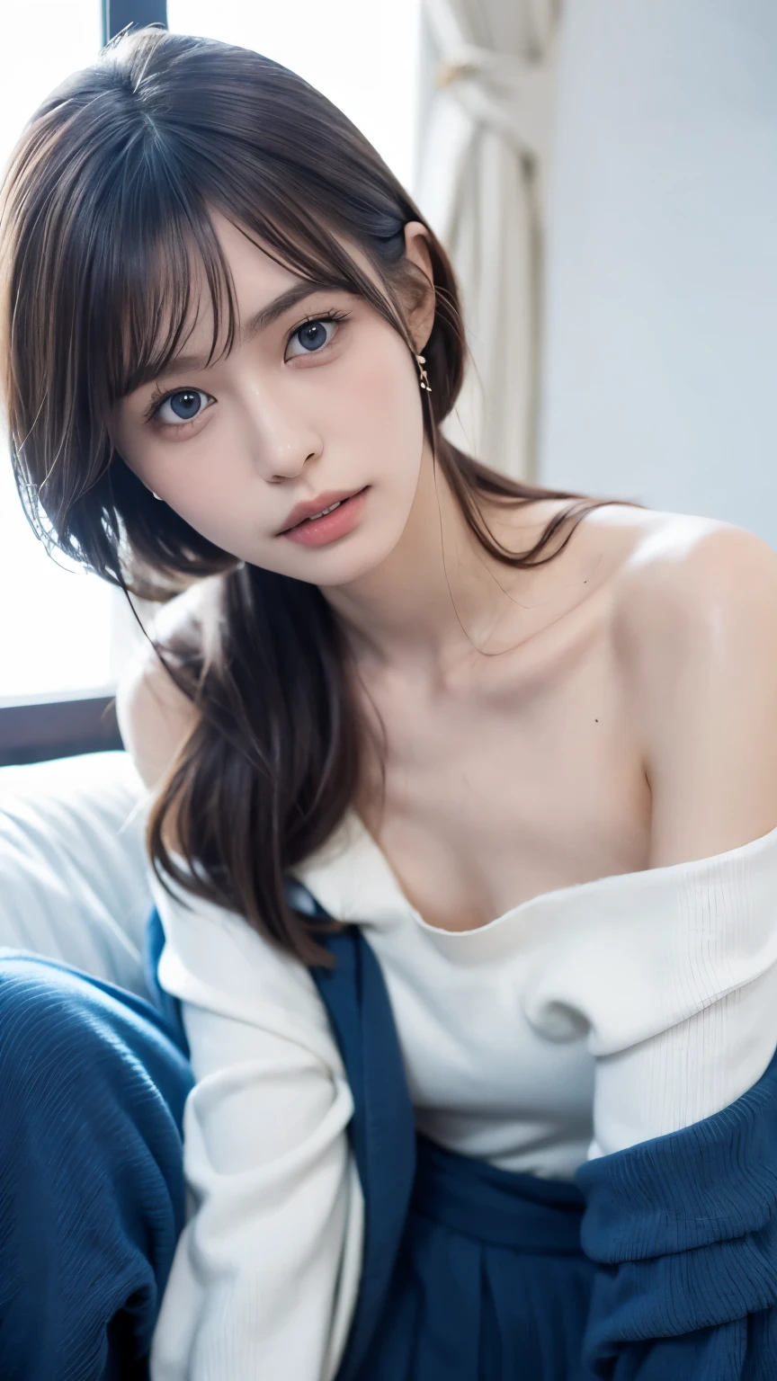 Very beautiful school girl, , Young and sexy gravure idol,Skintight Top:1.2, View your audience, Cinema Lighting, perfection, Soft Light, High Resolution Skins:1.2, Realistic skin texture, Small face,No makeup, Off the shoulder,Bust: E cup, blue eyes, short hair, Dark brown hair、Seaside Background