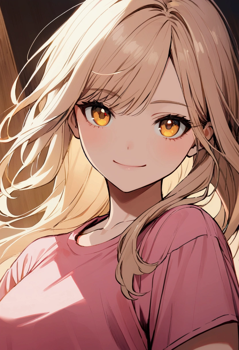 Girl with light apricot hair, long hair tied , no bangs, gold eyes, pink t-shirt, sly smile