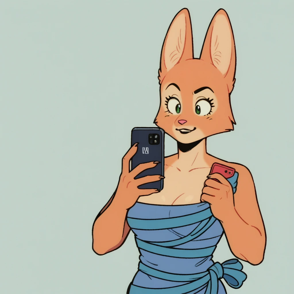 score_9_presence, score_8_up, Diane Foxington, wrapped in towel, medium breasts, holding phone