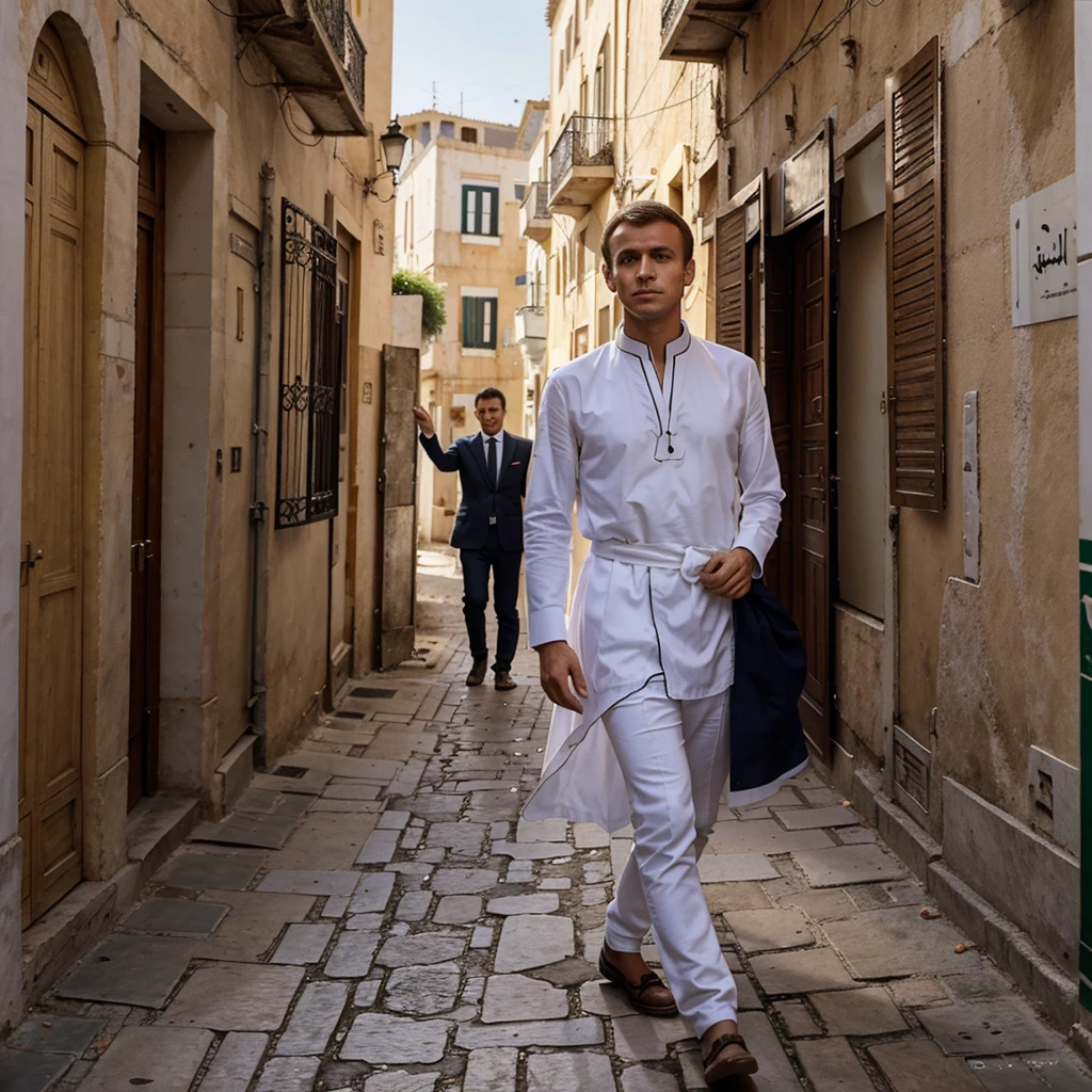 Emmanuel Macron teenager walking in the streets of Oran in Algeria wearing an oriental tunic