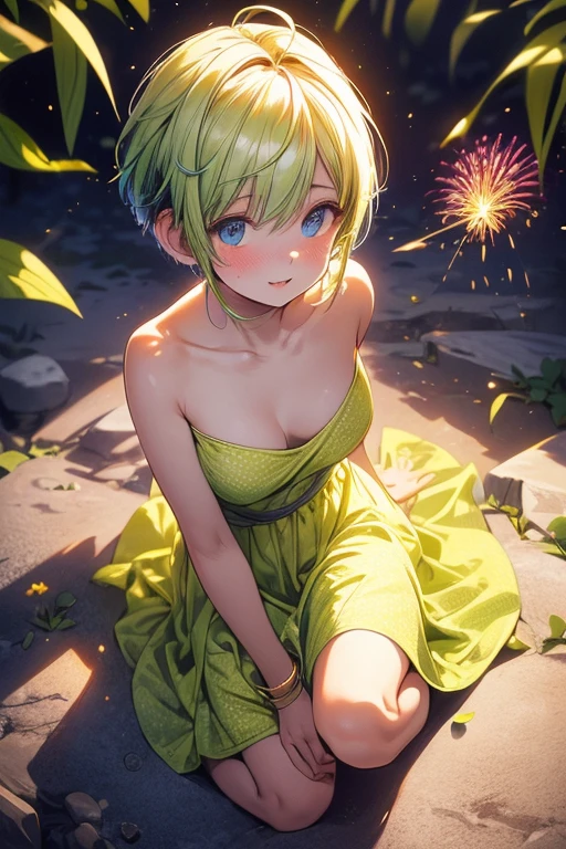 masterpiece, best quality, (Joy_InsideOut, yellow skin, ),  happy, green dress,  pixar, cartoon, 3d render, , (Naked:1.4),  (Blushing:1.0), Detailed Face, Roadside, POV crouching, sfw,  (((joying_Inside out, yellow skin, blue eyes, blue pixie cut hair))), Happy, (((sleeveless lime green dress speckled with firework-style flowers print that goes to the knees))), Pixar, cartoony, 3D Rendering, small breasts, bare footed, Sunlight, (parted lips:1.4), (nose blush:1.2), foreshortening, blackcutoffs, (eye contact), high contrast, ultra high res, high resolution, detailed, breasts visible, Showing breasts, (cinematic lighting), ((high-angle view)), (half body shadow), [backlighting], [crepuscular ray], [detailed ambient light], [gray natural lighting], [ambient light on the belly], (higher wildlife feral detail), [explict content], [sharp focus], (questionable content), (shaded), Commission for High Res, detailed image, bright colors, detailed face, perfect lighting, perfect shadows, perfect eyes, girl focus, flawless face, gorgeous body, shiny body, center focus, gaze at the viewer, 1girl, solo, (masterpiece:1.21), (best quality:1.2), (illustration:1.2), (cinematic lighting:1.3), balanced coloring, global illumination, ray tracing, good lighting, cleavage, attractive body, sexy body, looking at viewer, SFW, portrait, happy expression, 