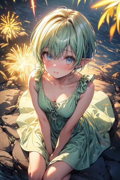 masterpiece, best quality, (Joy_InsideOut, yellow skin, ),  happy, green dress,  pixar, cartoon, 3d render, , (Naked:1.4),  (Blushing:1.0), Detailed Face, Roadside, POV crouching, sfw,  (((joying_Inside out, yellow skin, blue eyes, blue pixie cut hair))), Happy, (((sleeveless lime green dress speckled with firework-style flowers print that goes to the knees))), Pixar, cartoony, 3D Rendering, small breasts, bare footed, Sunlight, (parted lips:1.4), (nose blush:1.2), foreshortening, blackcutoffs, (eye contact), high contrast, ultra high res, high resolution, detailed, breasts visible, Showing breasts, (cinematic lighting), ((high-angle view)), (half body shadow), [backlighting], [crepuscular ray], [detailed ambient light], [gray natural lighting], [ambient light on the belly], (higher wildlife feral detail), [explict content], [sharp focus], (????????????????????), (shaded), Commission for High Res, detailed image, bright colors, detailed face, perfect lighting, perfect shadows, perfect eyes, girl focus, flawless face, gorgeous body, shiny body, center focus, gaze at the viewer, 1girl, solo, (masterpiece:1.21), (best quality:1.2), (illustration:1.2), (cinematic lighting:1.3), balanced coloring, global illumination, ray tracing, good lighting, cleavage, attractive body, sexy body, looking at viewer, SFW, portrait, happy expression, 
