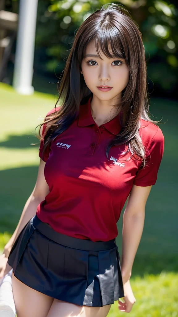 masterpiece, Highest quality,16K, Ultra-high resolution,The light and shadow of reality,Cinema Lenses,(((Black Mini Skirt))),(((Red polo shirt))),((At the golf course))((Her whole body is sexy and her style is outstanding.)),((Very skinny)),((Very firm and shapely beautiful large breasts)),((Her waist is so slim and beautiful)),((Very slim and long beautiful thighs)),((Very slim and long beautiful calves)),((High nose、Small Mouth)),((Clean and slim face line)),((Big dark eyes with long eyelashes)),((Very small face))((Very slim and beautiful arms)),((She is very slim and has a great figure)),((Pure white beautiful skin)),((Cute Japanese Girls)),(Beautiful Eyes:1.1),,Reflecting clear eyes and a gentle smile,
