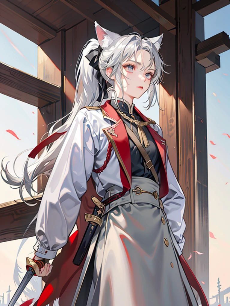 a western face,One with wolf ears,Tied with a refreshing short ponytail,Khaki eyes,Silver hair,wearing red coat,Sword on back,He is a straightforward swordsman