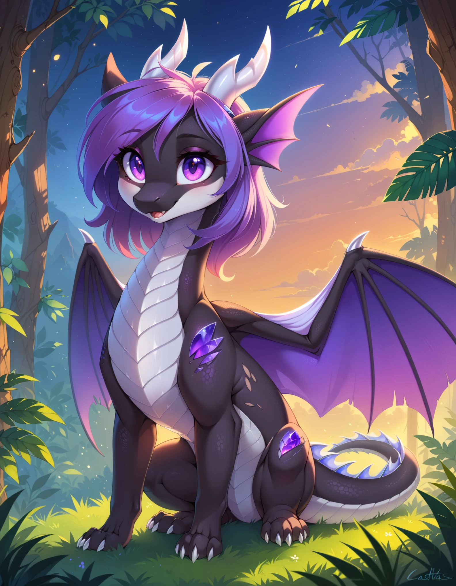 by Makoto Shinkai, by Yakovlev, by Castitas cartoon, bright, volumetric light solo, cute, female, (feral dragon:1.2) amethyst dragon, girl, horns, multicolored dragon glowing purple eyes, multicolored long purple hair, black scales, white scales, dragon wings, torn wings