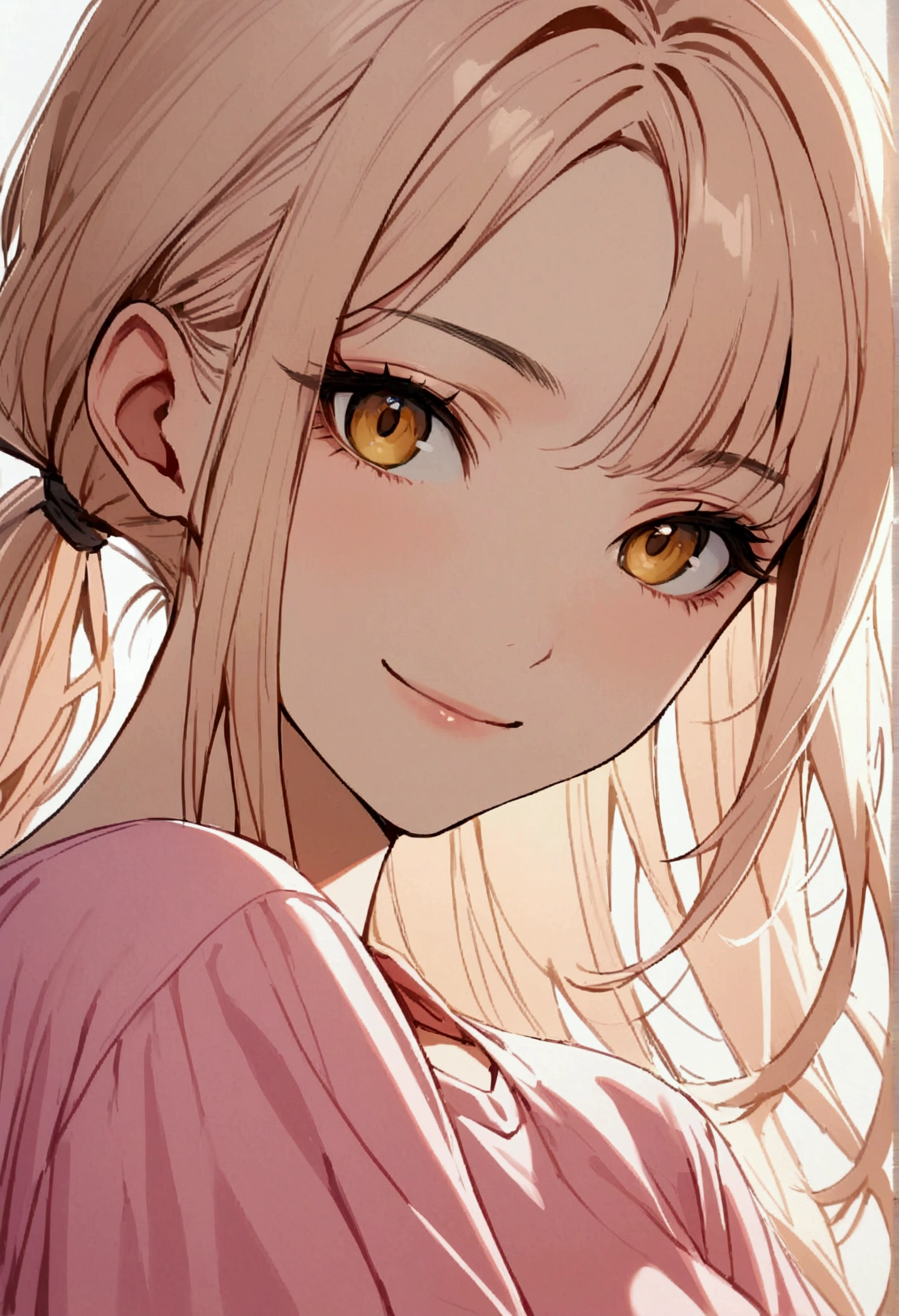 Girl with light apricot hair, long hair tied , no bangs, gold eyes, pink t-shirt, sly smile