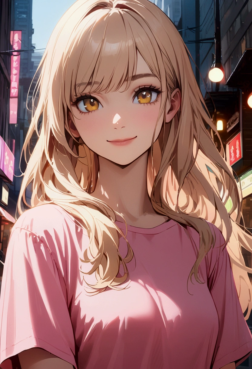 Girl with light apricot hair, long hair tied , no bangs, gold eyes, pink t-shirt, sly smile