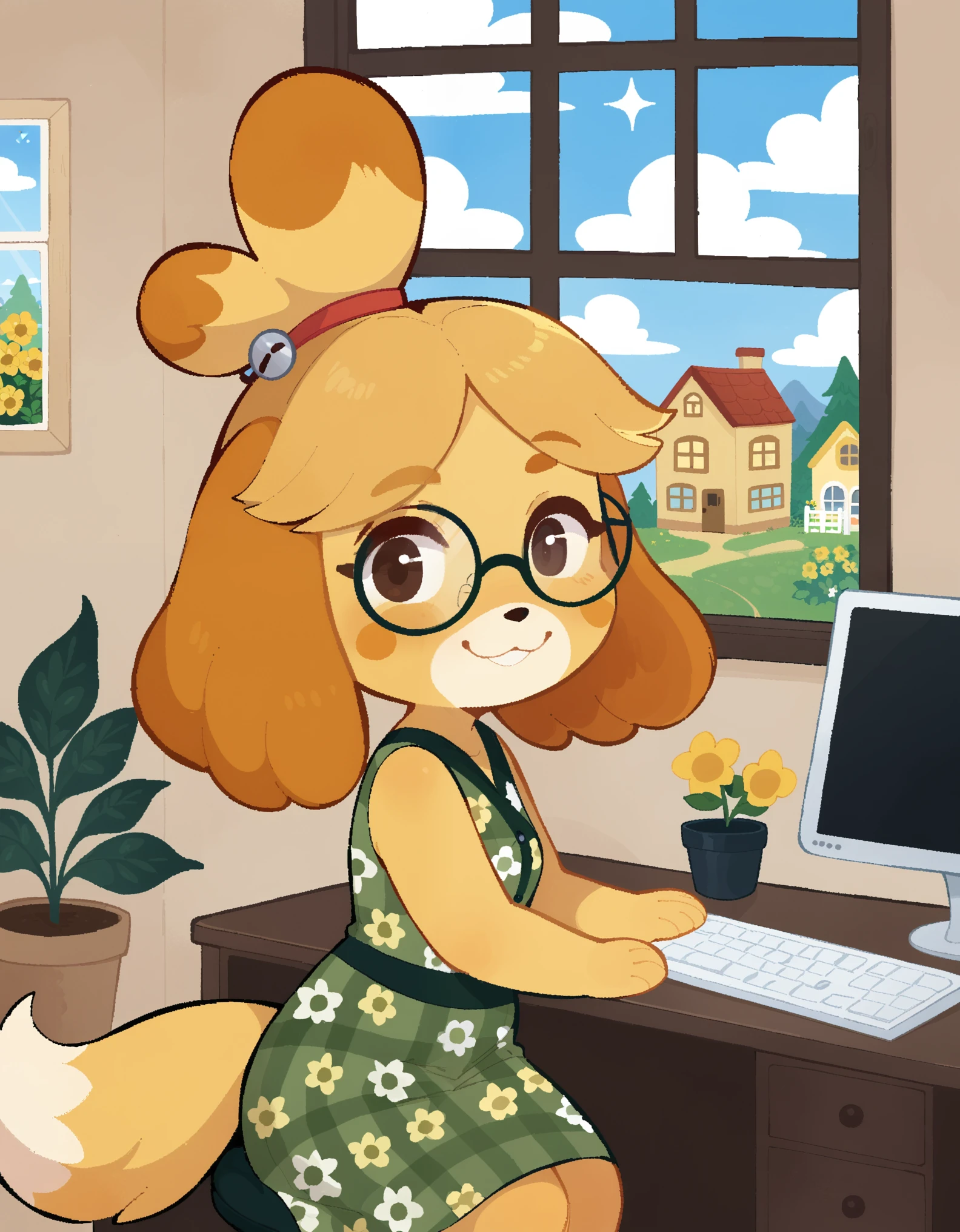 (by Wonderslug, by Youjomodoki), solo toony chibi (isabelle \(animal crossing\):1.25), fox, yellow body, dress, sitting on chair in office, portrait, waving at the viewer, day, animal crossing city, plant with flower, computer, glasses, detailed pawn, smile, window, painting, side view, turn head