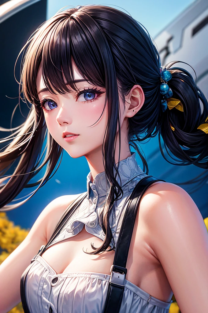 (masterpiece, Highest quality:1.3), (Super detailed:1.4),(Super detailed顔:1.2),(Super detailed目:1.2), (hyperRealistic:1.3), (RAW Photos:1.2), High-definition RAW color photos, Professional photos, (PhotoRealistic:1.4), (Realistic:1.4),8k,Professional Lighting, Perfect Anatomy, BREAK,(Big Breasts:1.6),(blush:1.2),(Bright smile:1.2),detail, Sharp focus, dramatic,dutch angle,hestia (danmachi), long hair, blue ribbon, twintails, gloves, ribbon, dress, Rei no himo, Blue eyes, black hair, white gloves, cleavage, white dress, hair ribbon, bow, sleeveless, sleeveless dress, bangs, cleavage cutout, hair ornament, bowtie, clothing cutout, very long hair, covered navel, arm ribbon,(Sexy gravure pose:1.2)