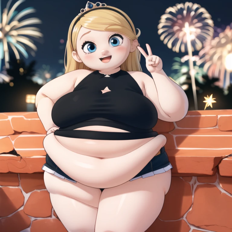 ((masterpiece, best quality)),1 fat girl, body plus, solo,, yellow princess tiara, penny peterson, long blonde hair, blue eyes, black sleeveless crop top, black pleated skirt, white trimmings a cute smile, excited, laughing, kawaii, peace sign, vibrant, rainbows, 4k, blue bubbles, stars, fireworks, best shadows, watercolor,
