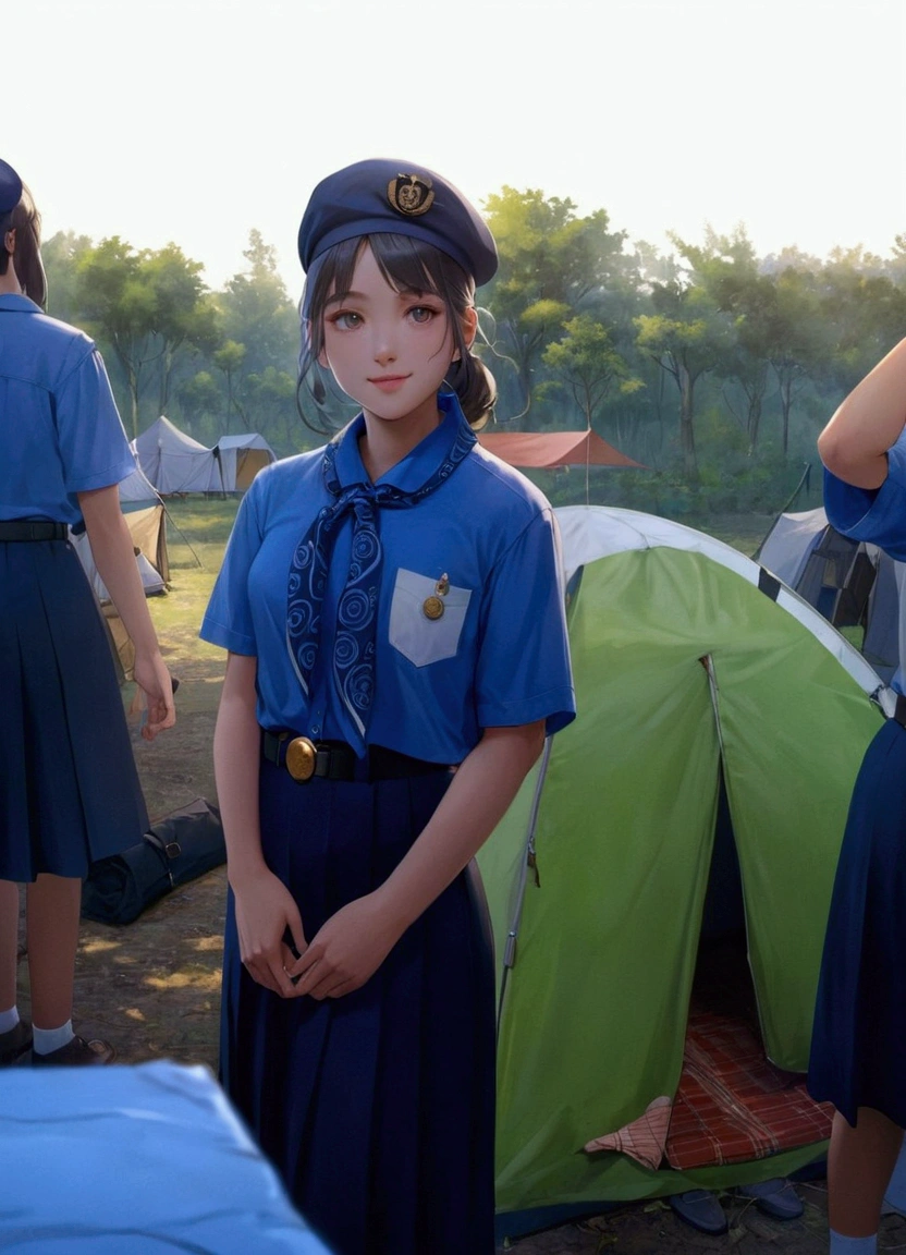 anime illustration of pretty girl smiling, standing at camping site on evening, tents around here, she wearing navy-blue beret, cornflower-blue short sleeves collared shirt, navy-blue neckerchief, navy-blue pleated pencil long skirt, black belt with gold circle buckle, and white socks, her smartphone on her breast pocket, (1girl, solo,full body), (masterpiece, best quality), BREAK, (navy-blue beret, cornflower-blue short sleeves collared shirt, navy-blue neckerchief, navy-blue pleated pencil long skirt, black belt with gold circle buckle, and white socks)