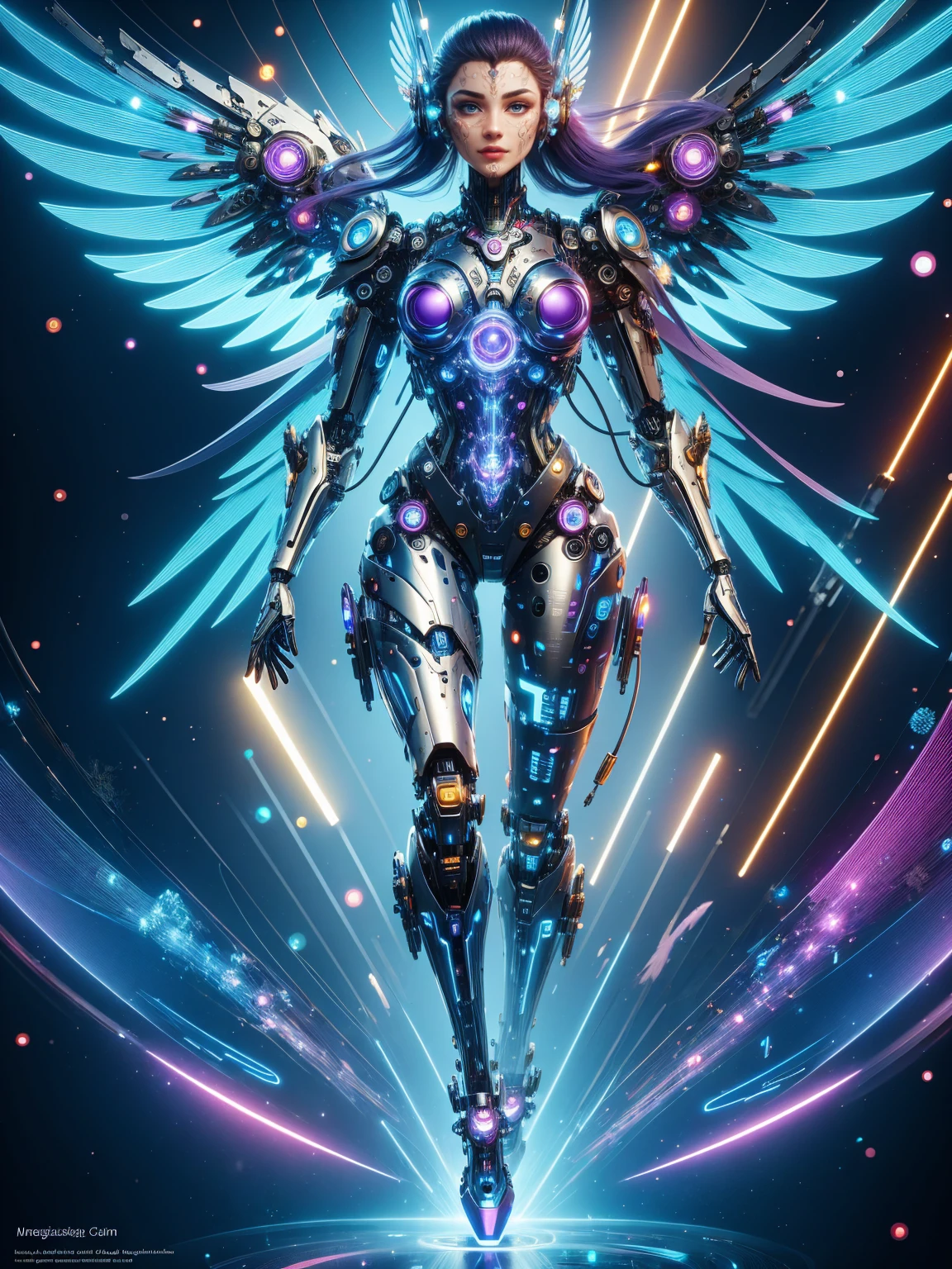 (masterpiece, best quality:1.2), Futuristic, mechanical female angel, high-tech machinery, dreamy radiance, full body, female figure, floating mid-air, intricate craftsmanship, masterpiece, glowing, neon lights, high-tech mechanical parts, mechanical fingers, mechanical wings, mechanical head, metal feathers, cool appearance, mechanical legs, biomimetic eyes, intricate feather design, dreamy radiance, electric blue, bright purple, vividly glowing eyes, reflective metallic surfaces, interlocking mechanical gears, dynamic fashion, motion blur effect, sci-fi atmosphere, aerodynamic streamlined, laser scanning patterns, holographic projection, glowing circuit lines, electric sparks, shiny chrome