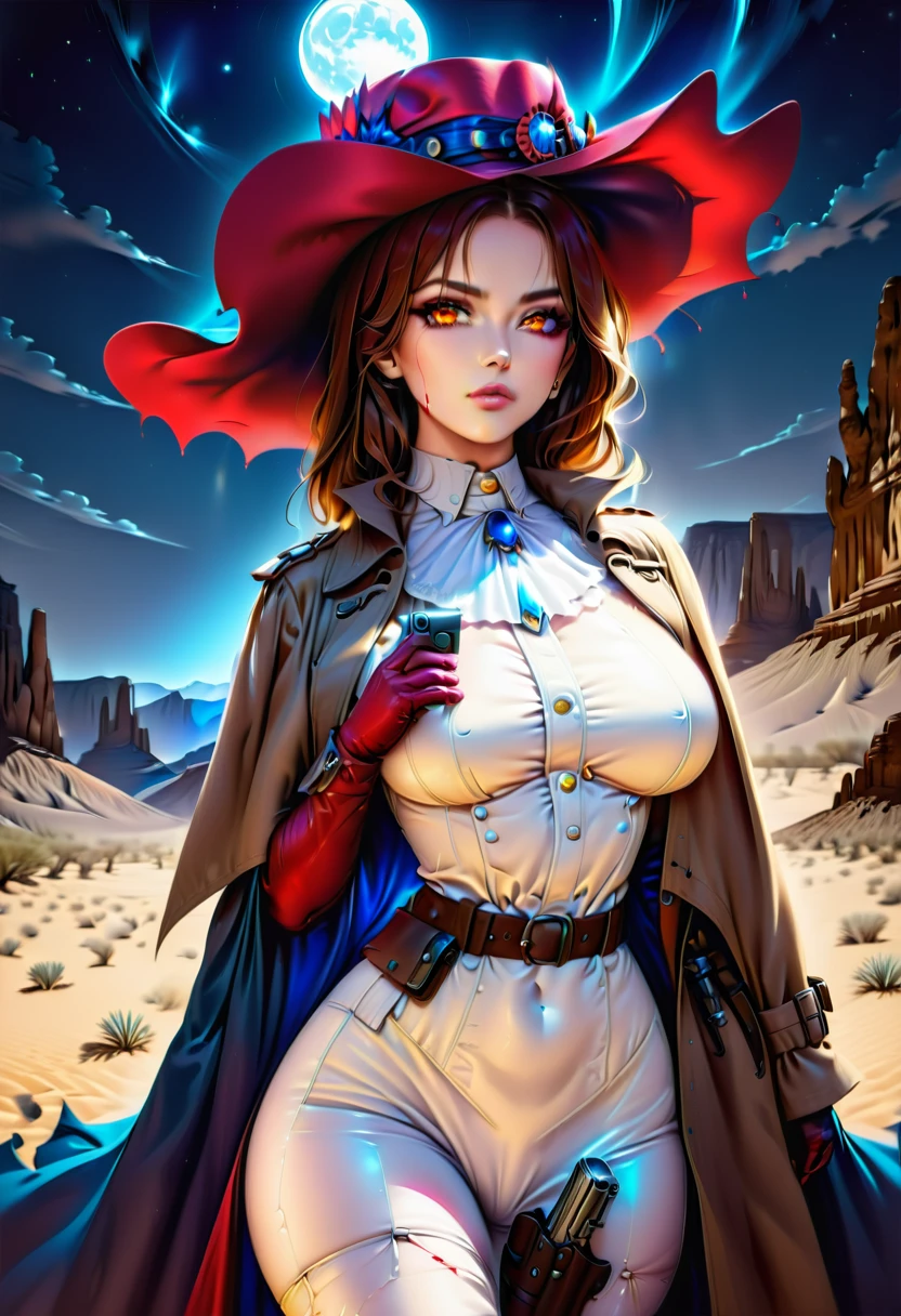 (wild west photograph style: 1.5) picture of a female vampire cowboy in the desert night, a goth beauty, exquisite beautiful female vampire, ((anatomically correct: 1.5), (ultra detailed face: 1.2), best detailed face, red glowing eyes, full body, busty, wearing white bottom shirt, short skirt, dynamic color. wearing (cowboy hat: 1.2), wearing high heeled boots, wearing open black trench coat, flowing trench coat, she has a pistol in a holster, it is night time in the desert, moon light. moon rays, west America desert canyon background, Hyperrealism style, vibrant, Ultra-high resolution, High Contrast, (masterpiece:1.5), highest quality, Best aesthetics), best details, best quality, highres, ultra wide angle, 16k, [ultra detailed], masterpiece, best quality, (extremely detailed) RAW, chumbasket art style, rpg portrait photograph, BloodSoakedAI, victorianstyle