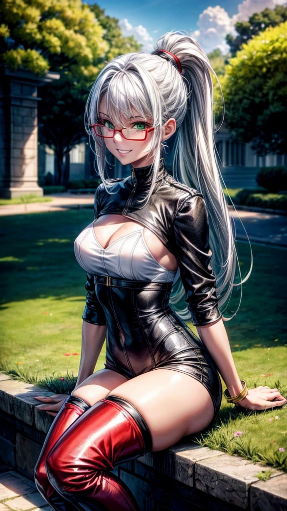 ultra quality, young woman, costs, keep, pillar, Street, slim, Green eyes, glasses, Evening, hot, White hair, ponytail, Benches, for the whole growth, sexy grin, outside, put on, red jersey, leather shorts, thigh high boots, in heels, Looking into the distance, flowers, summer, 8K, Very detailed. Anime styles,
(Details)), UHD, 8K, Very high quality,