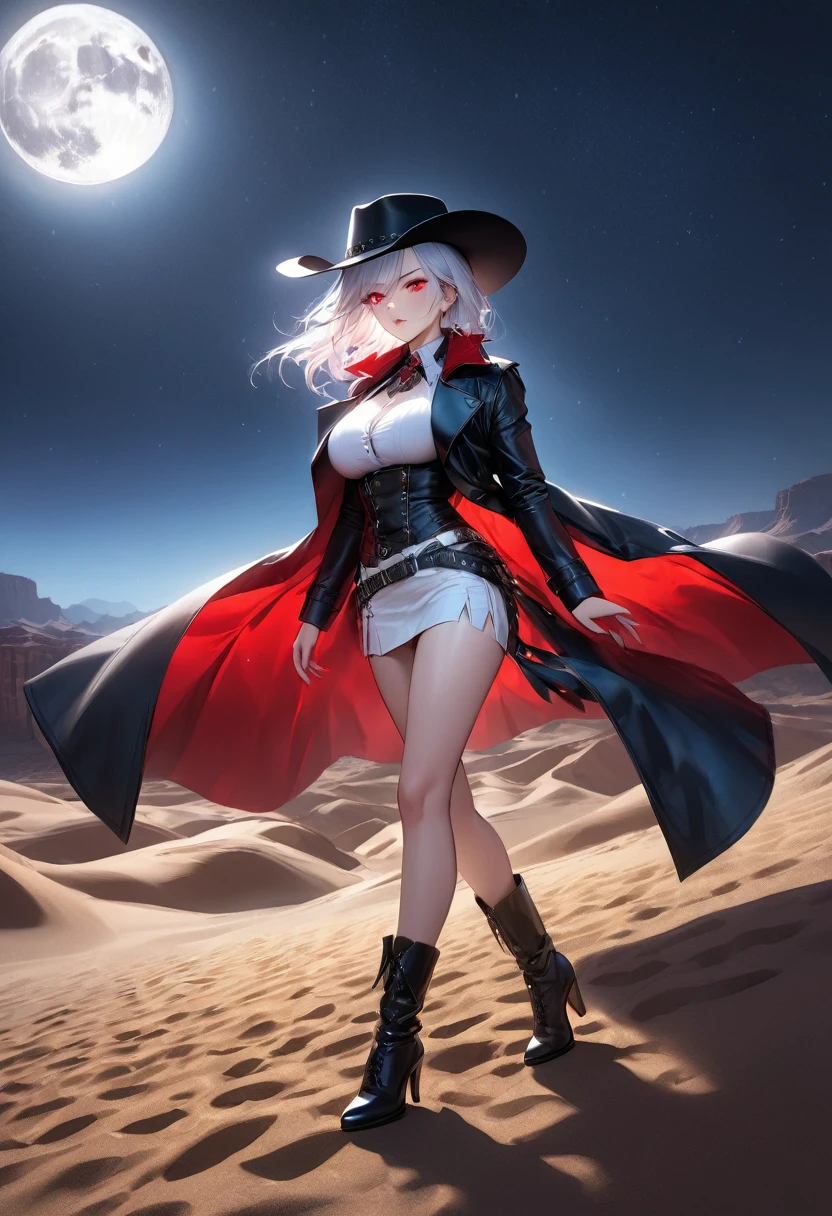 (wild west black and white 19th century photograph style: 1.5) picture of a female vampire cowboy in the desert night, a goth beauty, exquisite beautiful female vampire, ((anatomically correct: 1.5), (ultra detailed face: 1.2), best detailed face, red glowing eyes, full body, busty, wearing white bottom shirt, short skirt, dynamic color. wearing (cowboy hat: 1.2), wearing high heeled boots, wearing open black trench coat, flowing trench coat, it is night time in the desert, moon light. moon rays, west America desert canyon background, Hyperrealism style, vibrant, Ultra-high resolution, High Contrast, (masterpiece:1.5), highest quality, Best aesthetics), best details, best quality, highres, ultra wide angle, 16k, [ultra detailed], masterpiece, best quality, (extremely detailed) RAW, chumbasket art style, rpg portrait photograph,