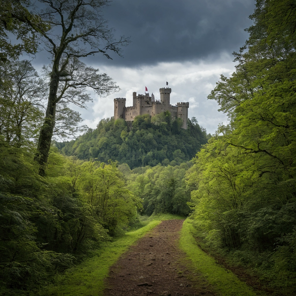 View at trail level, castle in the distance, leaden sky, forest in the background