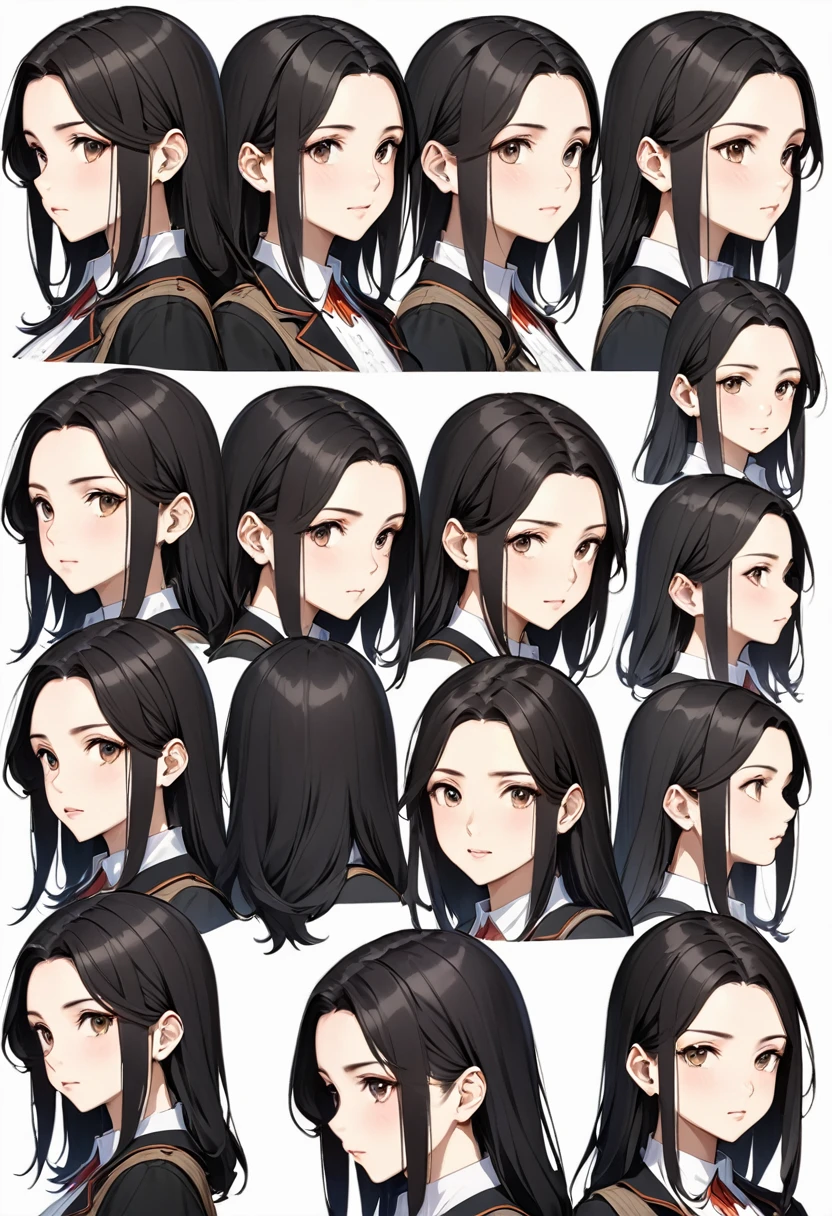 Create a character sheet for a 23-year-old female character, featuring her face from six different angles: front, left profile, right profile, three-quarter view (left), three-quarter view (right), and a close-up view. The character should have a realistic and detailed design, capturing various expressions and features from each angle. Ensure the sheet provides a comprehensive view of her facial features and expressions."