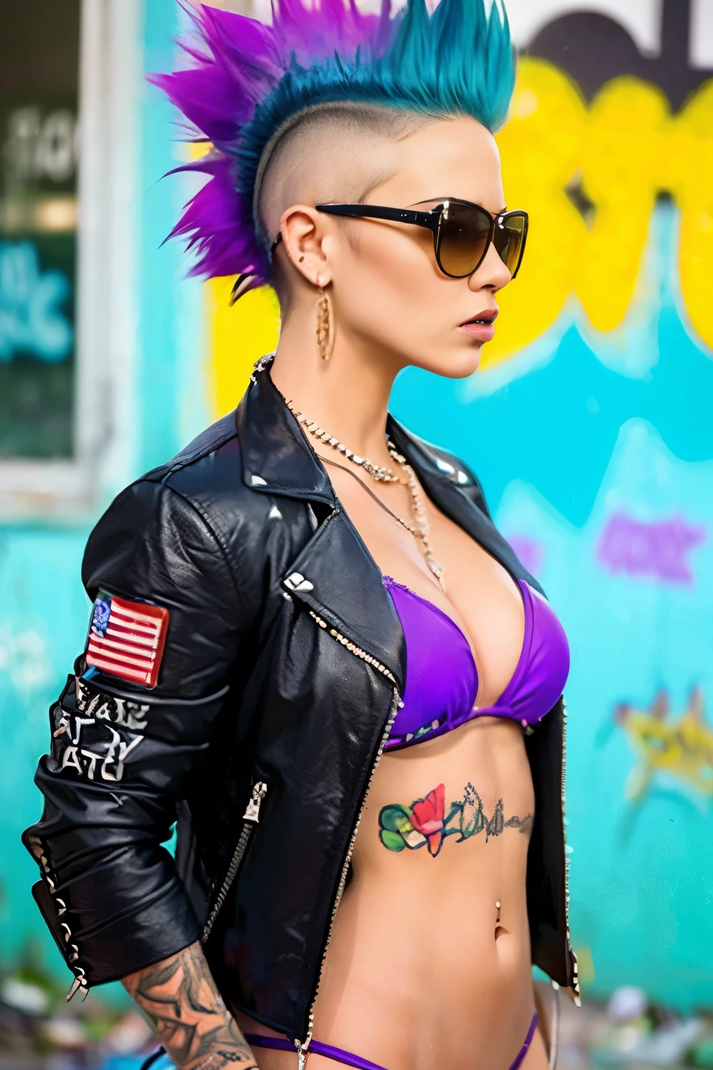 (Artwork, best quality:1.2), 1 girl , ((side view)) , ((hyperrealistic:1.4)), realistic, intrincately detailed, "Punk Girl", in dynamic sensual pose, sexy, hot,  ((spiky mohawk hair, Black punk hair, angry face, wearing a black jacket, chains, sunglasses. Rocket style, tattooed girl , ((hot body, slim Body, bikini boobs))' Showing belly. (((Realistic skin, skin Textures, glowing skin, detailed eyes, realistic eyes))), Shallow depth of field, vignette, highy detailed, high budget, bokeh, cinemascope, temperamental, epic, marvelous, film grain, grainy. ((Abandoned Graffiti Wall Background, garbage,  cinematic lighting )).