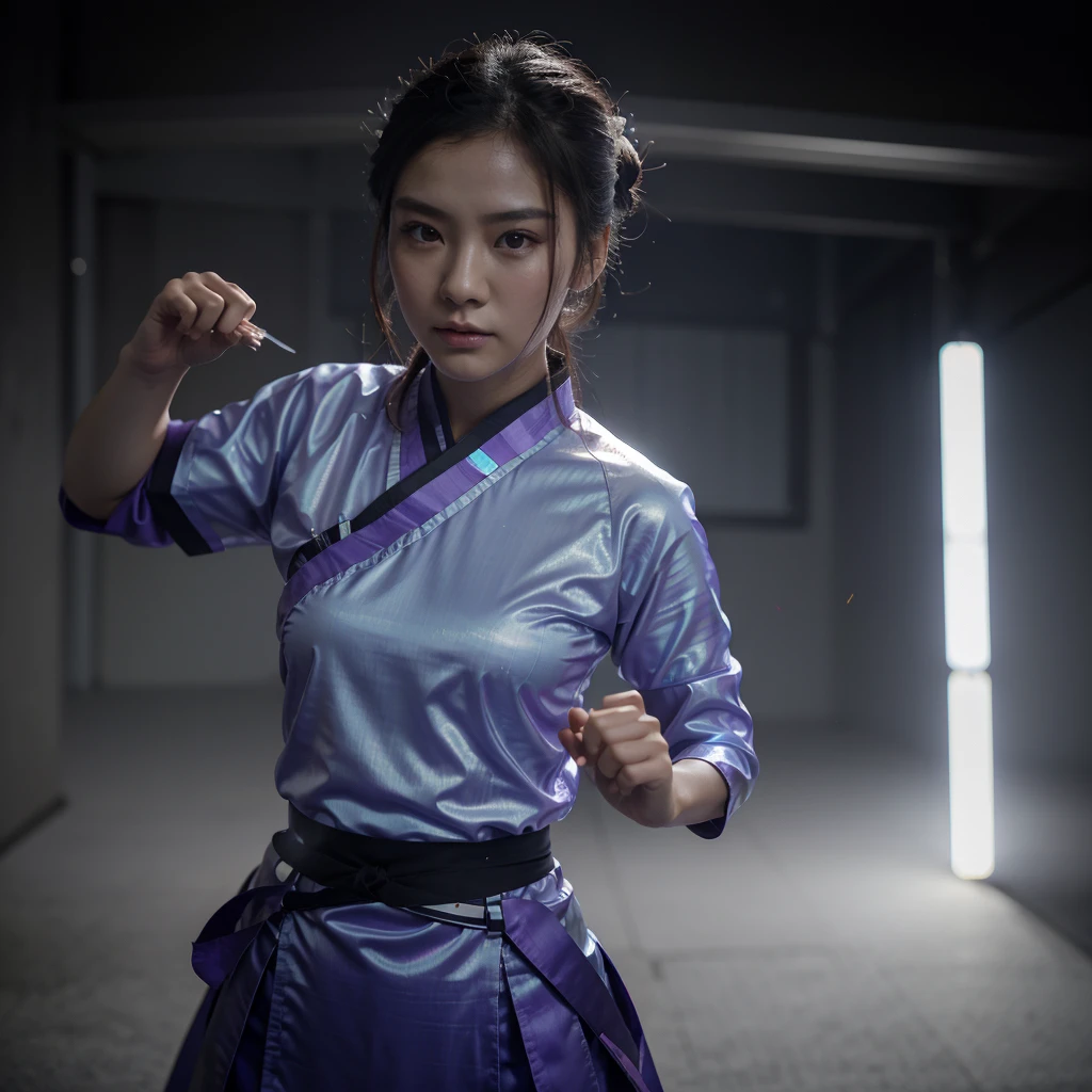 A handsome Chinese girl, sharp eyes, clear facial features, wearing Hanfu, combat posture, martial arts movements, body surrounded by purple mist, runes around, holographic reality, holographic halo, motion blur, game light effects, edge light, soft light, movie edge light, delicate light, masterpiece, super detailed, epic composition, super HD, high quality, highest quality, 32k