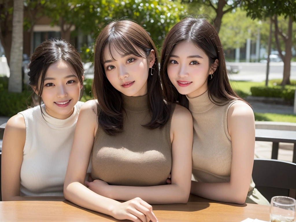 Tabletop, Highest quality, Photorealistic, In detail, High resolution, 8k wallpaper, Perfect dynamic composition, Beautiful attention to detail, Medium Hair, Big ample breasts, Random sexy poses,Put your chest together、(Mock Neck Crop Tank Top Khaki Knitwear)、(Breast Swelling 1.2)、Laughter、Open your mouth、Resort scenery、23 years old、(Droopy Eyes 1.4)、Adult Beauty、Japanese