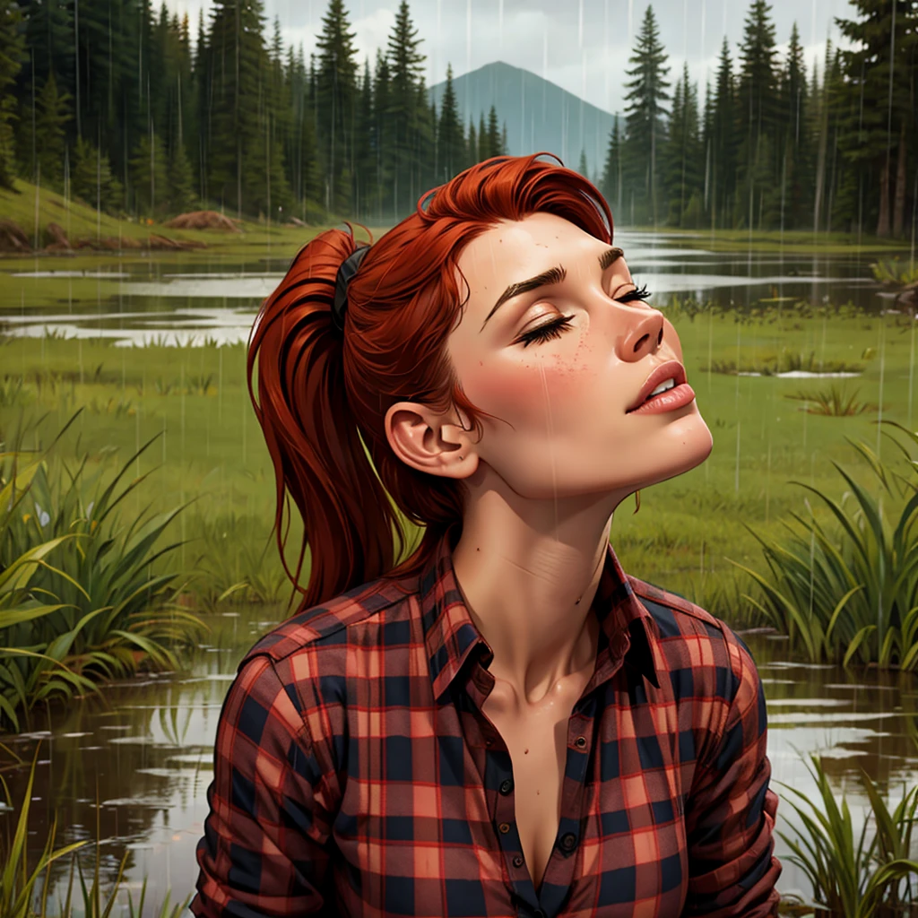 Comic style, solo girl, 1girl, Drowned in quicksand, swamp, bog, grass, tree, wearing unbuttoned flannel shirt, orgasming, looking up, eyes closed, from side, blush, muddy, messy, dirty, overcast weather, rain, red hair, Ponytail,