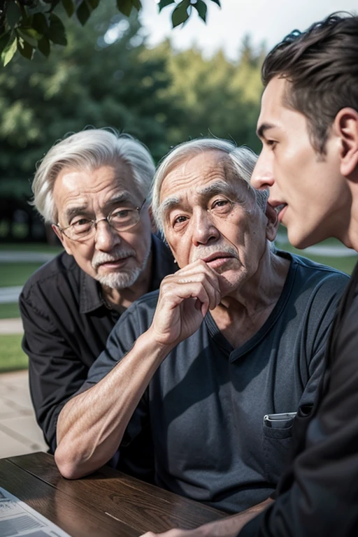 Elderly man gossiping with two friends