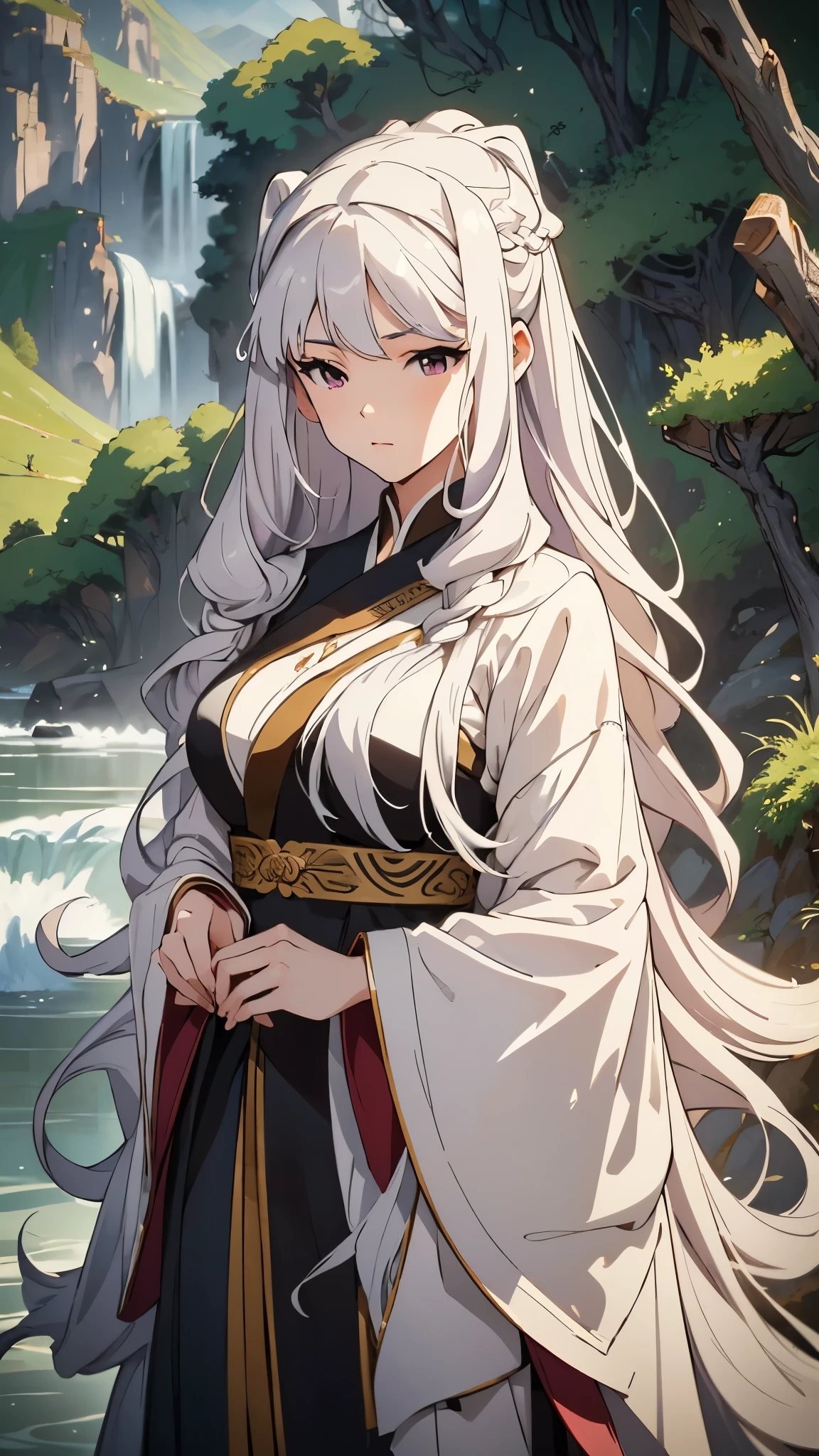 A masterpiece in the style of ancient Wei Zi，Woman with long white hair, takane shijou，Exquisite epic character art，Presenting stunning aesthetics and antique atmosphere，The delicate brushstrokes and depth of field in the picture make you immersed in the scene，Fan Qiwu quasi-world can be regarded as the beauty of mountains and rivers