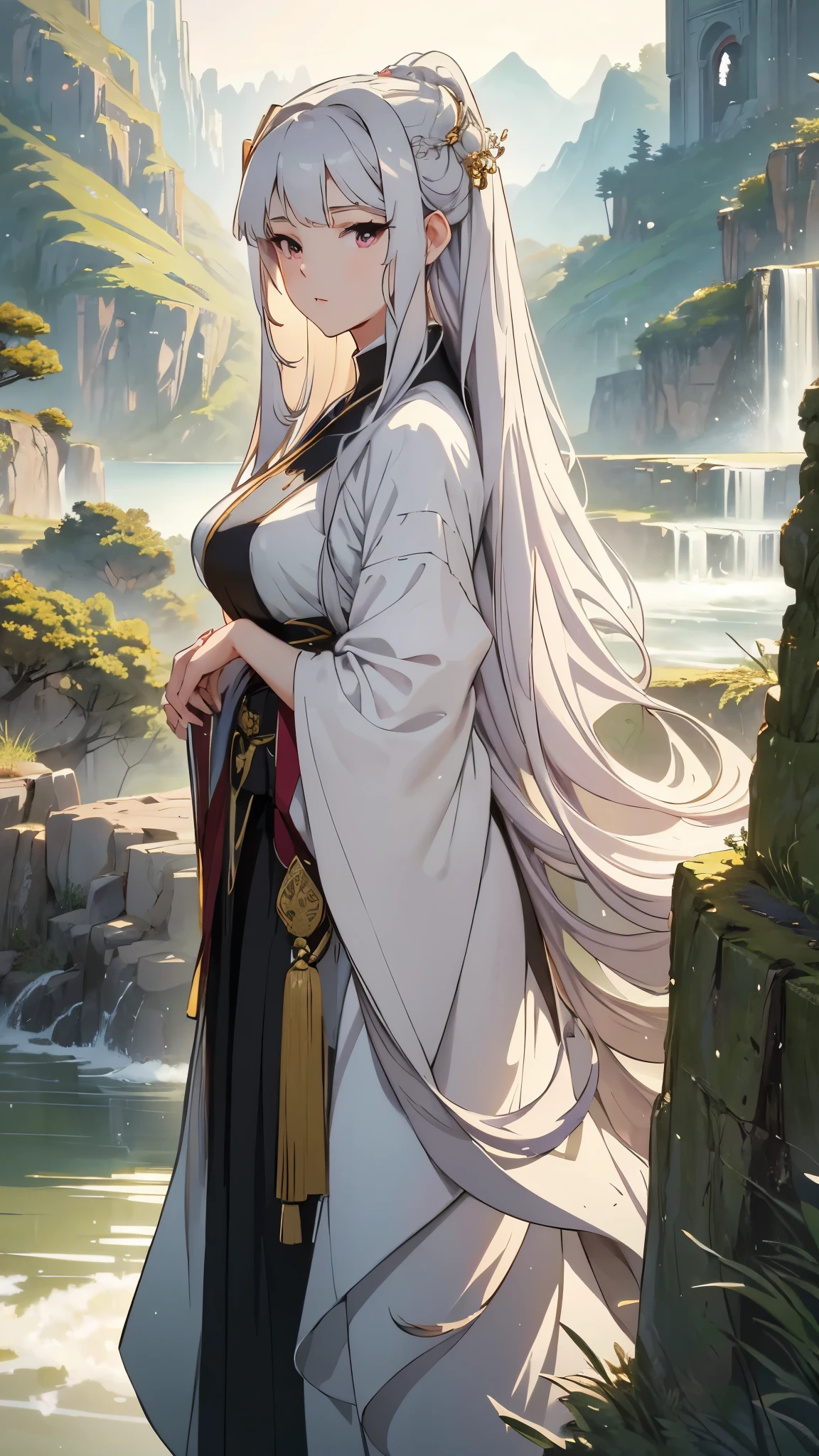 A masterpiece in the style of ancient Wei Zi，Woman with long white hair, takane shijou，Exquisite epic character art，Presenting stunning aesthetics and antique atmosphere，The delicate brushstrokes and depth of field in the picture make you immersed in the scene，Fan Qiwu quasi-world can be regarded as the beauty of mountains and rivers