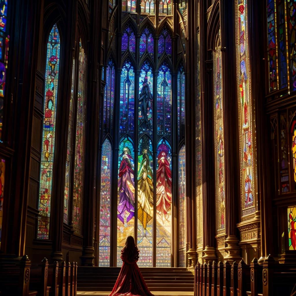 Red carpet (Cathedral from below:1.28) VolumetricLighting (FullBody ZoomedOut:1.28 Wide-shot) ZoomLayer (BokeH:1.32), TopQuality 8K masterpiece of ((Professional photo)), (((Clarisse de Cagliostro))) (Detailed Delicate White Dresses), Chain, Extremely detailed (KAWAII face) {(VeiledFace)|BlondeHair|(Spanking BuleEyes)}, The background is distant (((Elaborate stained glass))) Rainbow Glass, (MysticSight) {(GodRays)|Haze|TyndallEffect}, Radiant PearlSkin with Transparency, (Exposed:0.38)