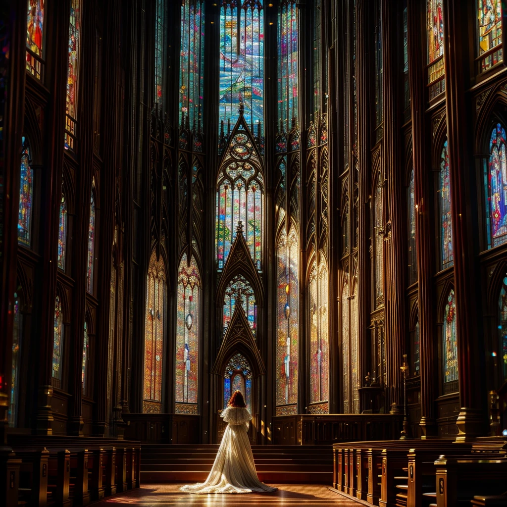 Red carpet (Cathedral from below:1.28) VolumetricLighting (FullBody ZoomedOut:1.28 Wide-shot) ZoomLayer (BokeH:1.32), TopQuality 8K masterpiece of ((Professional photo)), (((Clarisse de Cagliostro))) (Detailed Delicate White Dresses), Chain, Extremely detailed (KAWAII face) {(VeiledFace)|BlondeHair|(Spanking BuleEyes)}, The background is distant (((Elaborate stained glass))) Rainbow Glass, (MysticSight) {(GodRays)|Haze|TyndallEffect}, Radiant PearlSkin with Transparency, (Exposed:0.38)