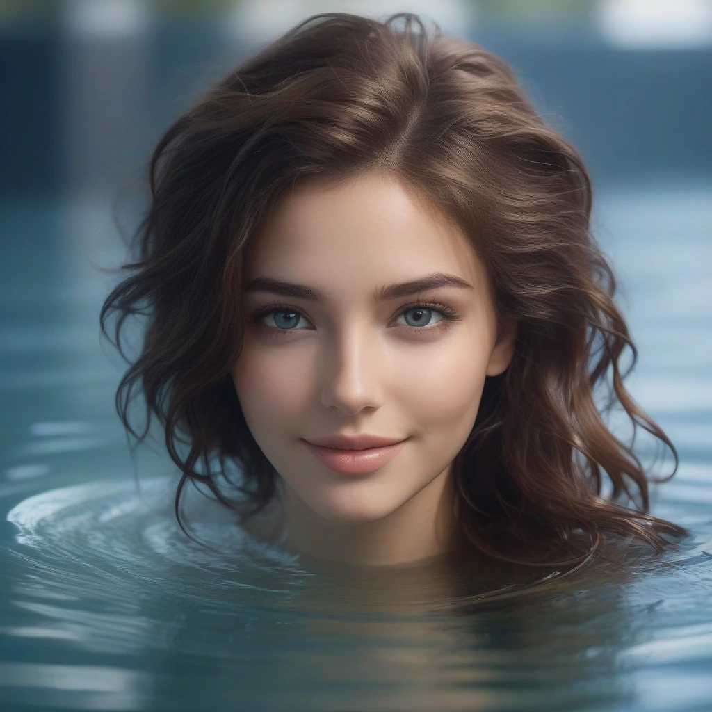 une femme de 21 ans aux cheveux marrons et aux yeux marron debout partiellement immerge dans l'eau qui ragarde la camera en souriant ultra realiste