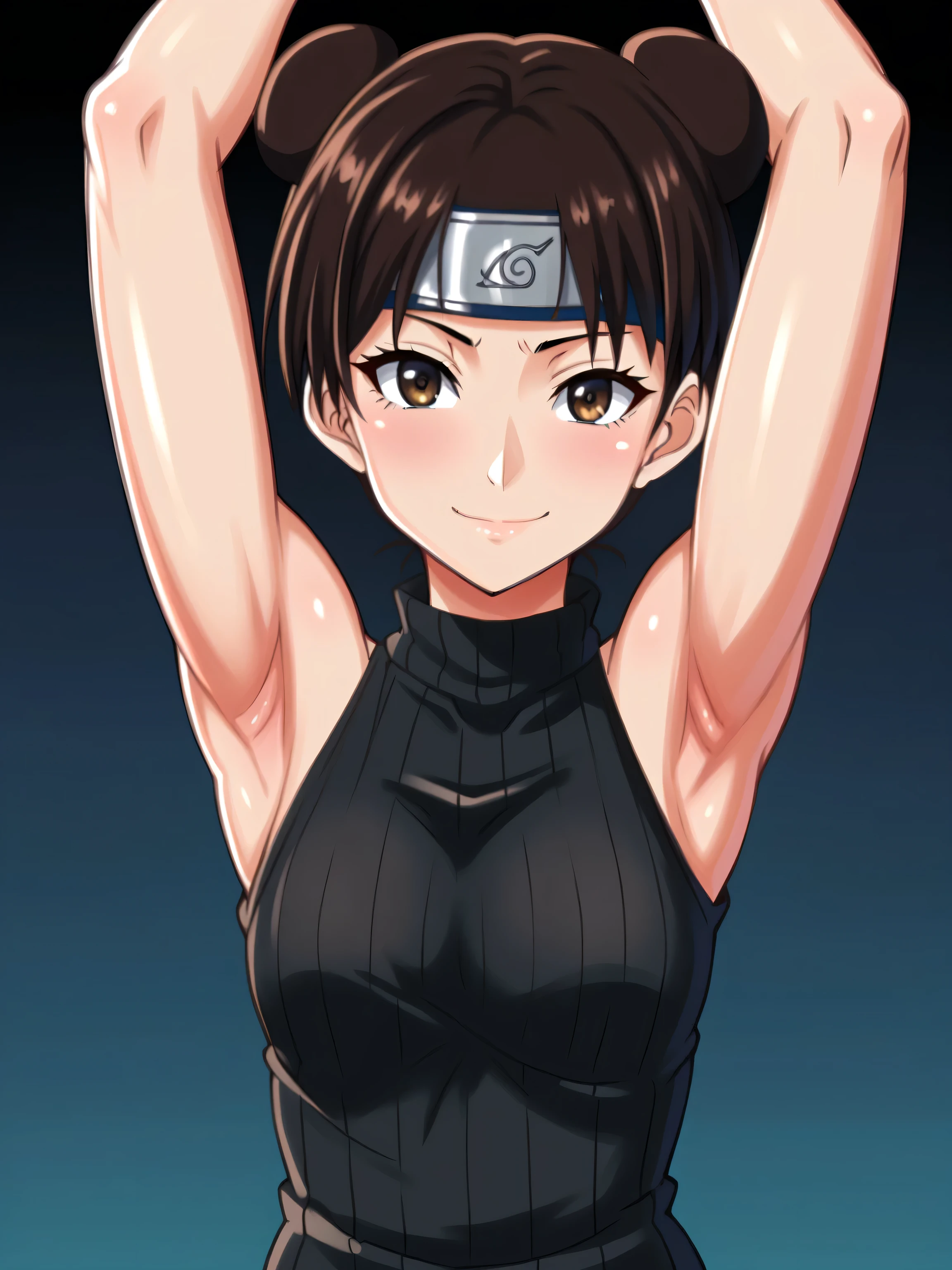 forehead protector, konohagakure symbol, ytenten, brown eyes, brown hair, short hair, double bun, sweater, ribbed sweater, ribbed, turtleneck, (black sweater:1.2), sleeveless sweater, sleeveless, bare shoulders, bare arms, 1girl, solo, anime screencap, frontlighting, (simple background, black background, dark background:1.3), masterpiece, absurdres, hdr, soft light, best quality, detailed, highres, shiny skin, shiny hair, (looking at viewer, eye contact with viewer:1.3), (smile:1.2), closed mouth, (smug:0.8), light blush, arms up, raised arms, armpits, in the center, symmetrical, upright, score_8_up,