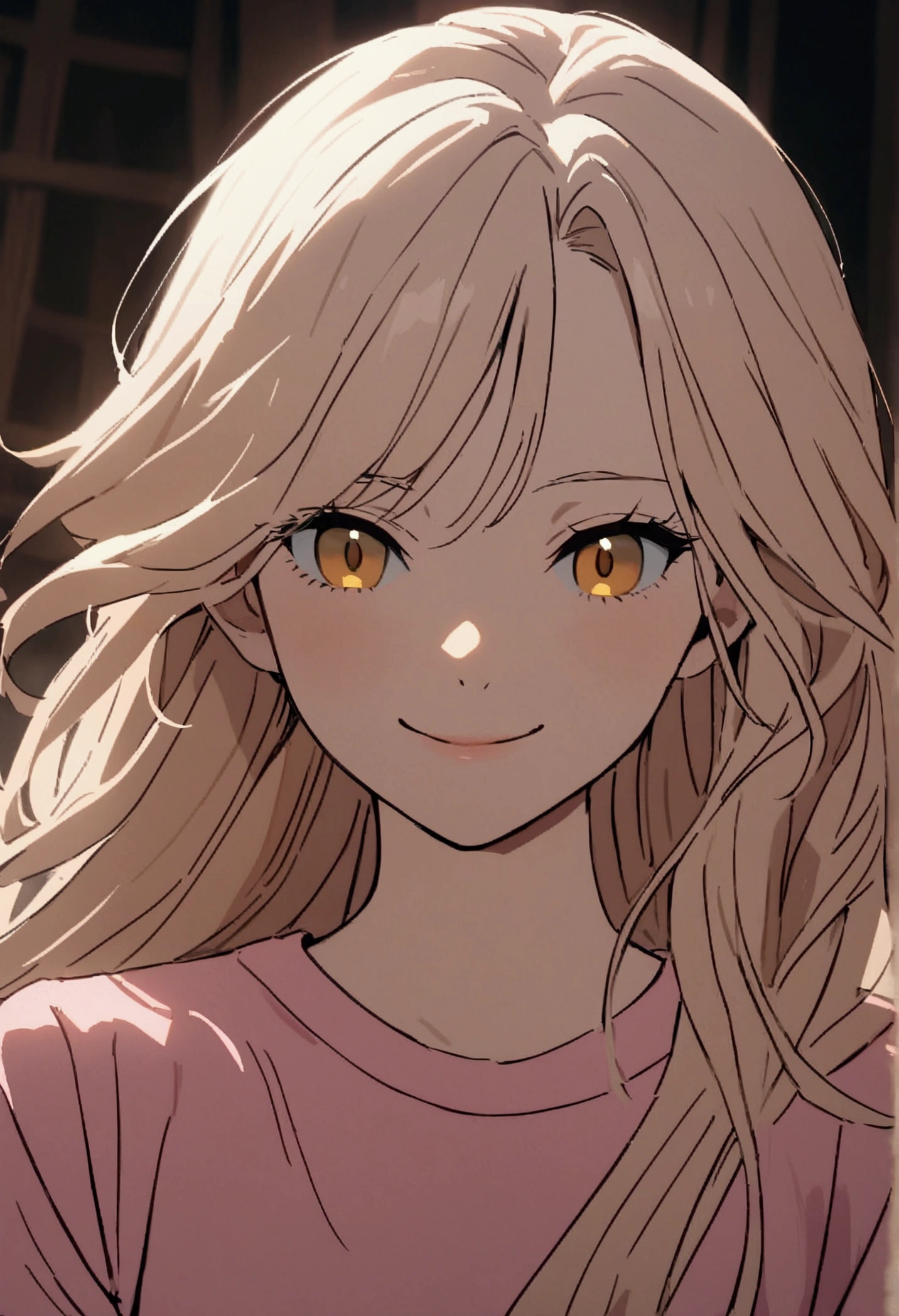 Girl with light apricot hair, long hair tied , no bangs, gold eyes, pink t-shirt, sly smile, sly,