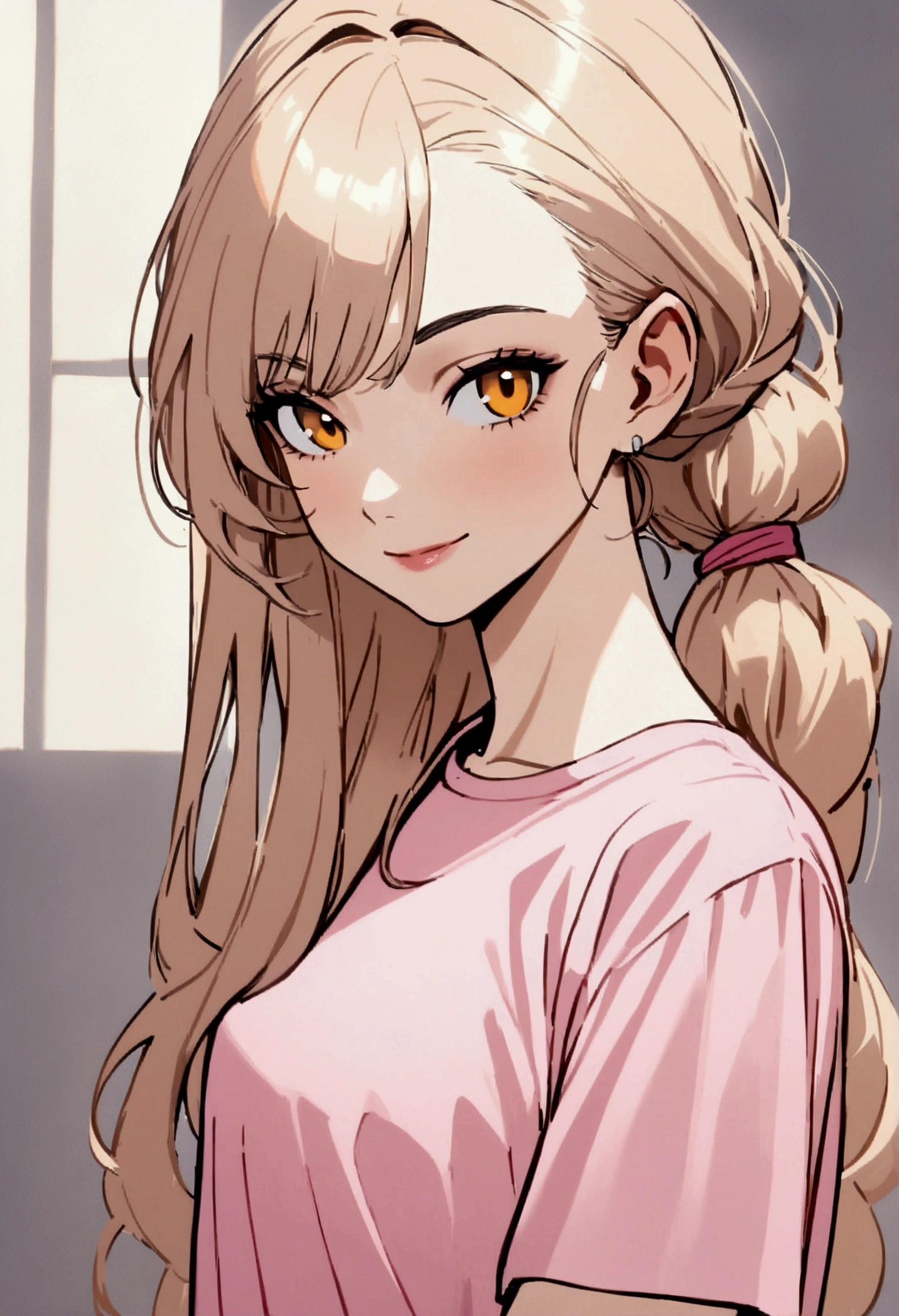Girl with light apricot hair, long hair tied , no bangs, gold eyes, pink t-shirt, sly smile, sly, 