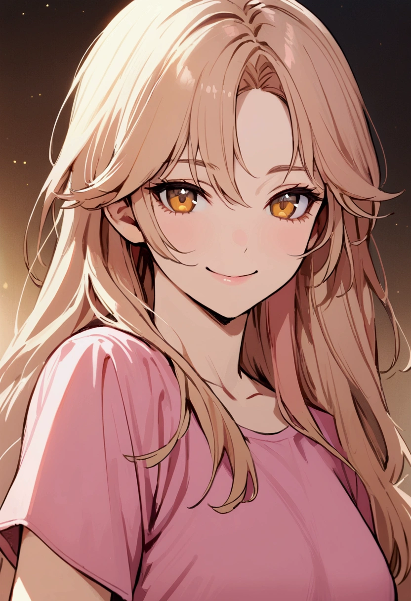 Girl with light apricot hair, long hair tied , no bangs, gold eyes, pink t-shirt, sly smile, sly, 
