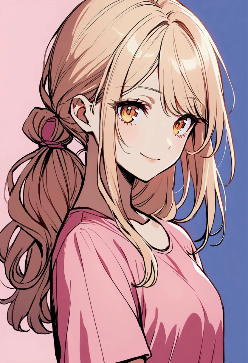 Girl with light apricot hair, long hair tied , no bangs, gold eyes, pink t-shirt, sly smile, sly, 