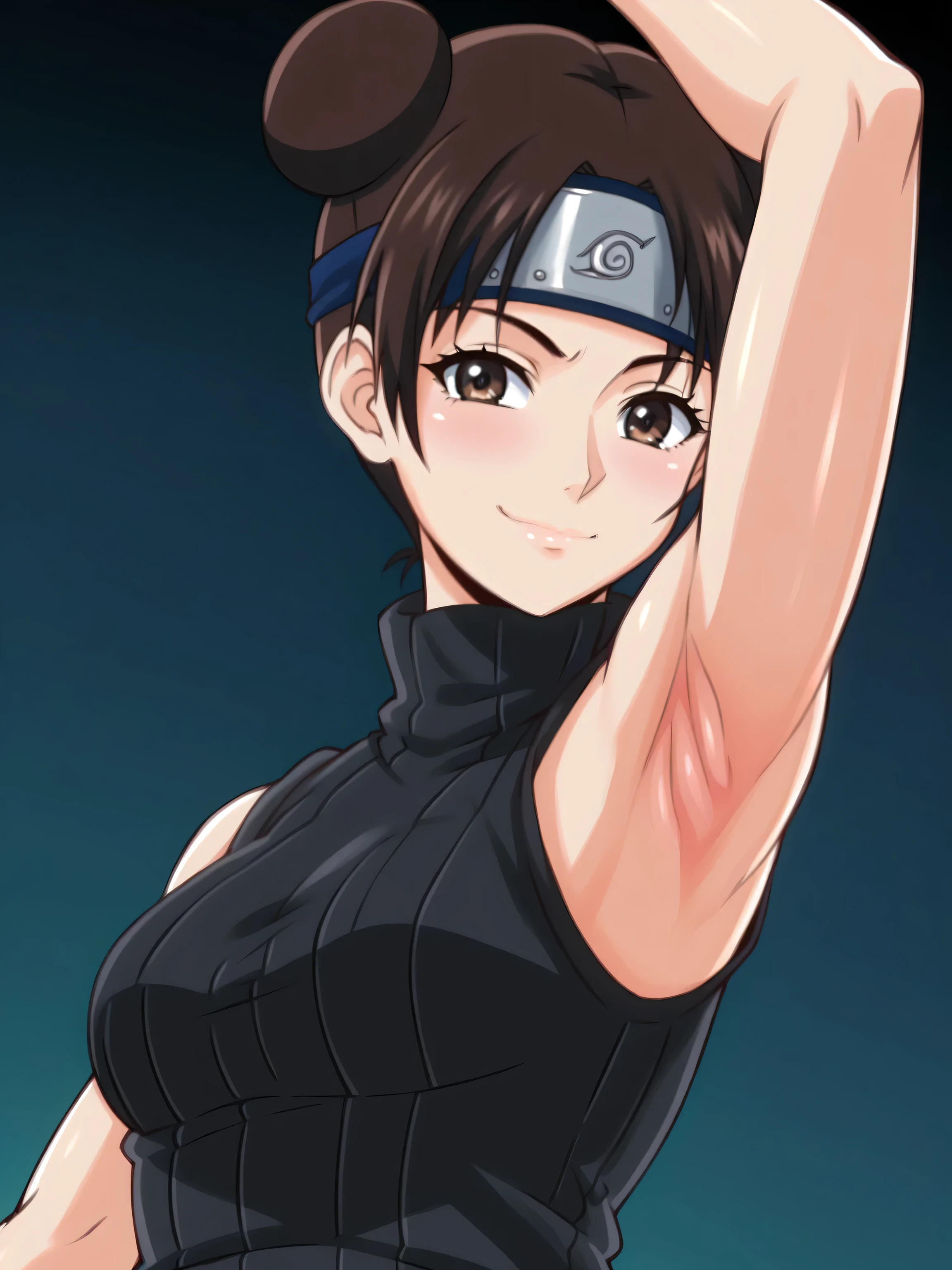 forehead protector, konohagakure symbol, ytenten, brown eyes, brown hair, short hair, double bun, sweater, ribbed sweater, ribbed, turtleneck, (black sweater:1.2), sleeveless sweater, sleeveless, bare shoulders, bare arms, 1girl, solo, anime screencap, frontlighting, (simple background, black background, dark background:1.3), masterpiece, absurdres, hdr, soft light, best quality, detailed, highres, shiny skin, shiny hair, (looking at viewer, eye contact with viewer:1.3), (smile:1.2), closed mouth, (smug:0.8), light blush, arm up, raised arm, armpit, score_8_up, from side, from below