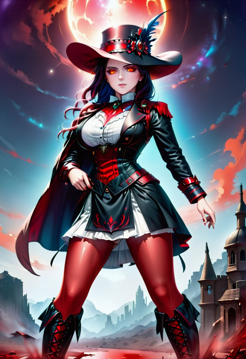 (Victorian photograph style: 1.5) picture of a female vampire cowboy in the desert night, a goth beauty, exquisite beautiful female vampire, ((anatomically correct: 1.5), (ultra detailed face: 1.2), best detailed face, red glowing eyes, full body, busty, wearing white bottom shirt, short skirt, dynamic color. wearing (cowboy hat: 1.2), wearing high heeled boots, wearing open black trench coat, flowing trench coat, she has a (pistol in a holster: 1.1), it is night time in the desert, moon light. moon rays, west America desert canyon background, Hyperrealism style, vibrant, Ultra-high resolution, High Contrast, (masterpiece:1.5), highest quality, Best aesthetics), best details, best quality, highres, ultra wide angle, 16k, [ultra detailed], masterpiece, best quality, (extremely detailed) RAW, chumbasket art style, rpg portrait photograph, BloodSoakedAI, victorianstyle