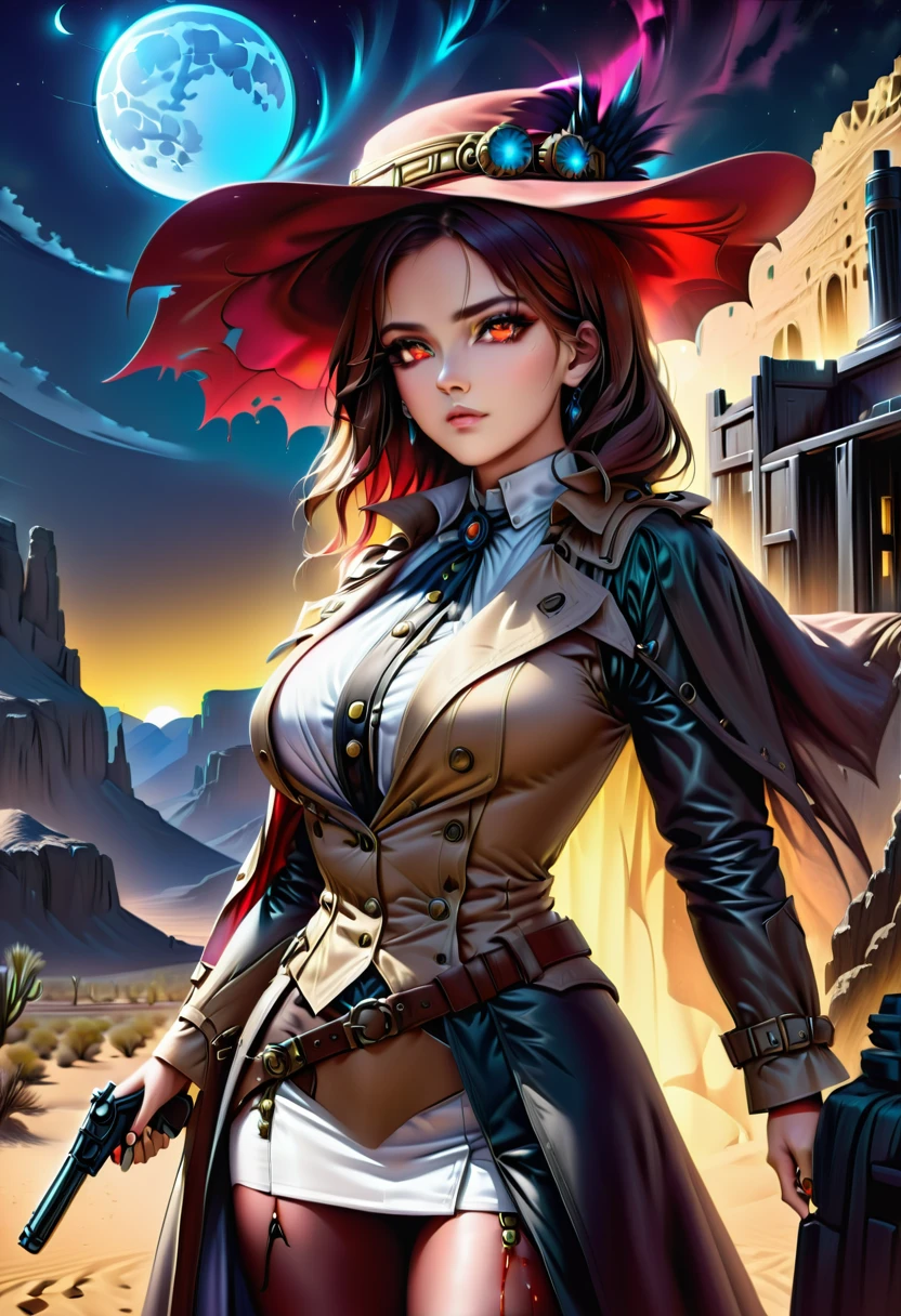 (wild west photograph style: 1.5) picture of a female vampire cowboy in the desert night, a goth beauty, exquisite beautiful female vampire, ((anatomically correct: 1.5), (ultra detailed face: 1.2), best detailed face, red glowing eyes, full body, busty, wearing white bottom shirt, short skirt, dynamic color. wearing (cowboy hat: 1.2), wearing high heeled boots, wearing open black trench coat, flowing trench coat, she has a pistol in a holster, it is night time in the desert, moon light. moon rays, west America desert canyon background, Hyperrealism style, vibrant, Ultra-high resolution, High Contrast, (masterpiece:1.5), highest quality, Best aesthetics), best details, best quality, highres, ultra wide angle, 16k, [ultra detailed], masterpiece, best quality, (extremely detailed) RAW, chumbasket art style, rpg portrait photograph, BloodSoakedAI, victorianstyle