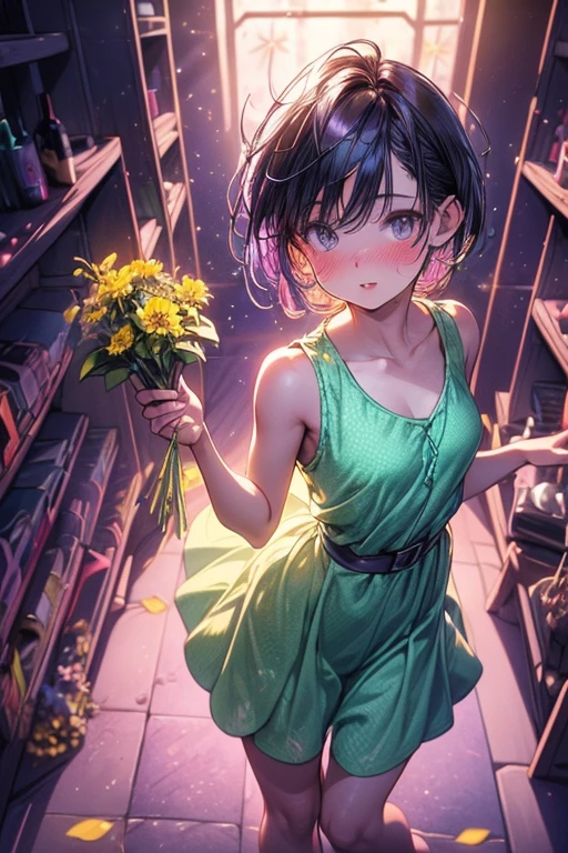 masterpiece, best quality, (Joy_InsideOut, yellow skin, ),  happy, green dress,  pixar, cartoon, 3d render,  (((joying_Inside out, yellow skin, blue eyes, blue pixie cut hair))), Happy, (((sleeveless lime green dress speckled with firework-style flowers print that goes to the knees))), Pixar, cartoony, 3D Rendering, small breasts, bare footed, Sunlight, (parted lips:1.4), (nose blush:1.2), foreshortening, blackcutoffs, (eye contact), high contrast, ultra high res, high resolution, detailed, breasts visible, Showing breasts, (cinematic lighting), ((high-angle view)), (half body shadow), [backlighting], [crepuscular ray], [detailed ambient light], [gray natural lighting], [ambient light on the belly], (higher wildlife feral detail), [explict content], [sharp focus], (shaded), Commission for High Res, detailed image, bright colors, detailed face, perfect lighting, perfect shadows, perfect eyes, girl focus, flawless face, gorgeous body, shiny body, center focus, gaze at the viewer, 1girl, solo, (masterpiece:1.21), (best quality:1.2), (illustration:1.2), (cinematic lighting:1.3), balanced coloring, global illumination, ray tracing, good lighting, cleavage, attractive body, sexy body, looking at viewer, SFW, portrait, happy expression, (((headquarters from inside out background, overall of purple hues interior, walls with numerous shelves with glowing spheres)))