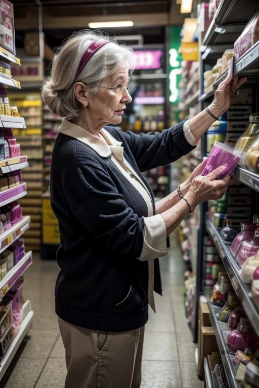 Elderly woman shopping at the sex shop