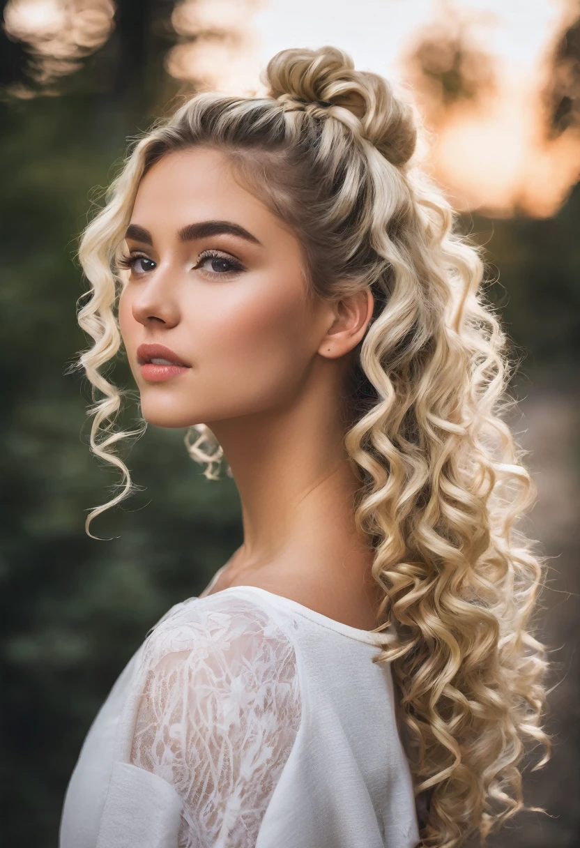 Beautiful blonde girl curly hair in a ponytail