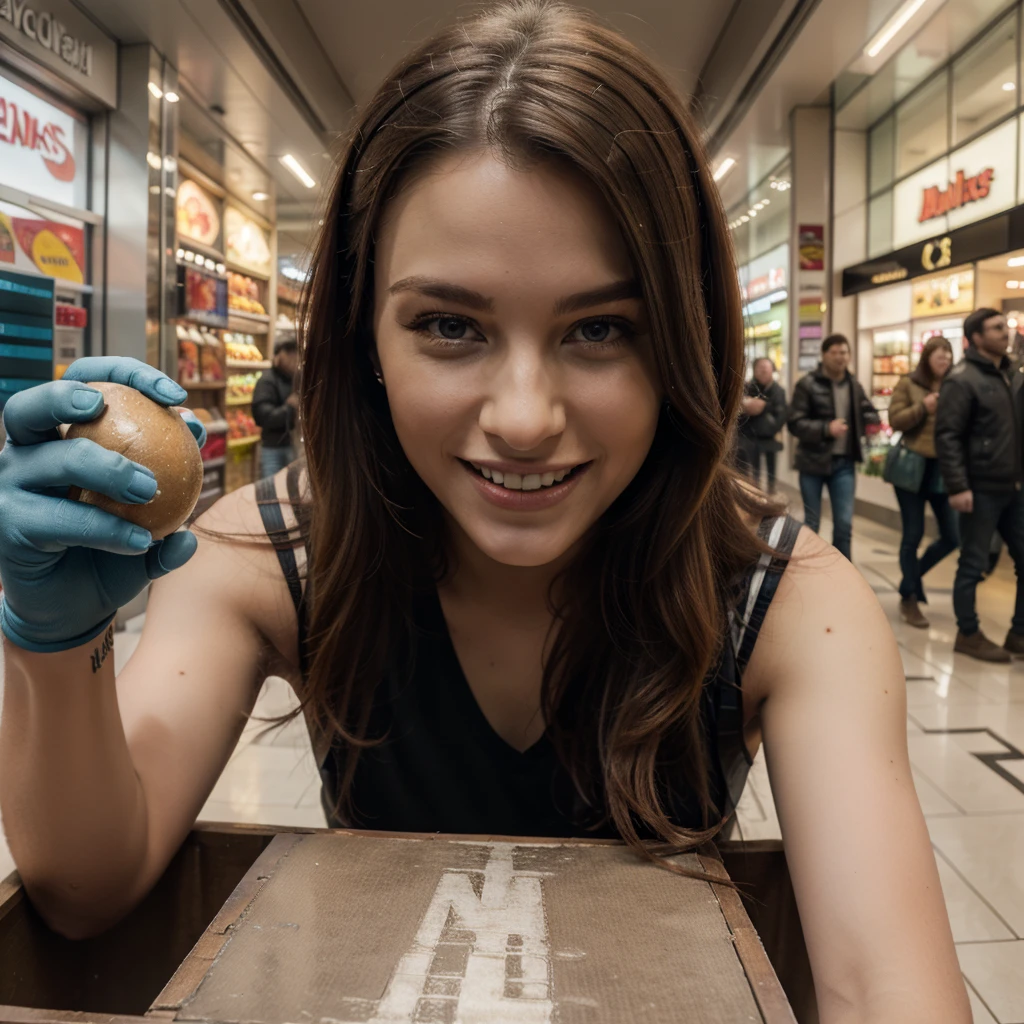 giant huge Melody, from Guardians of the galaxy , GTS, has grown taller than buildings, is located inside a shopping arcade, smiling face, Full HD face