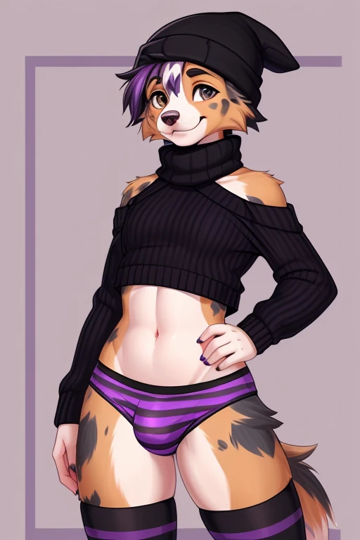 ((SFW)) ((18, cute, furry, Australian Shepherd dog boy femboy wearing purple thin, low panties with a large bulge, black beanie, purple and black striped croptop sweater with tops of shoulders exposed, and black and purple striped thigh-high socks, best quality)) ((right hand inside panties, left hand on hip)) ((exposed hips)) 