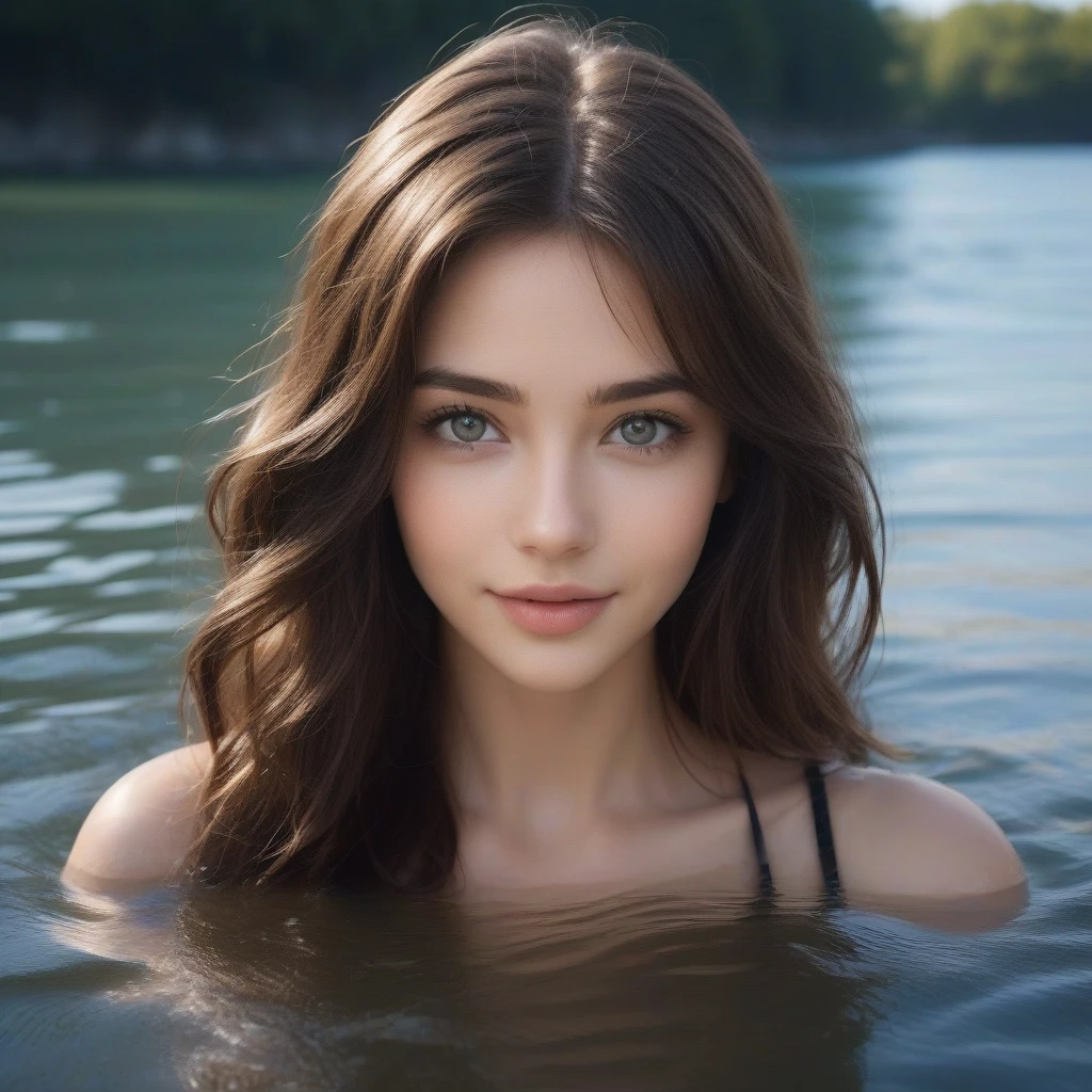 une femme de 21 ans aux cheveux marrons et aux yeux marron et de paux brune debout partiellement immerge dans l'eau qui ragarde la camera en souriant ultra realiste