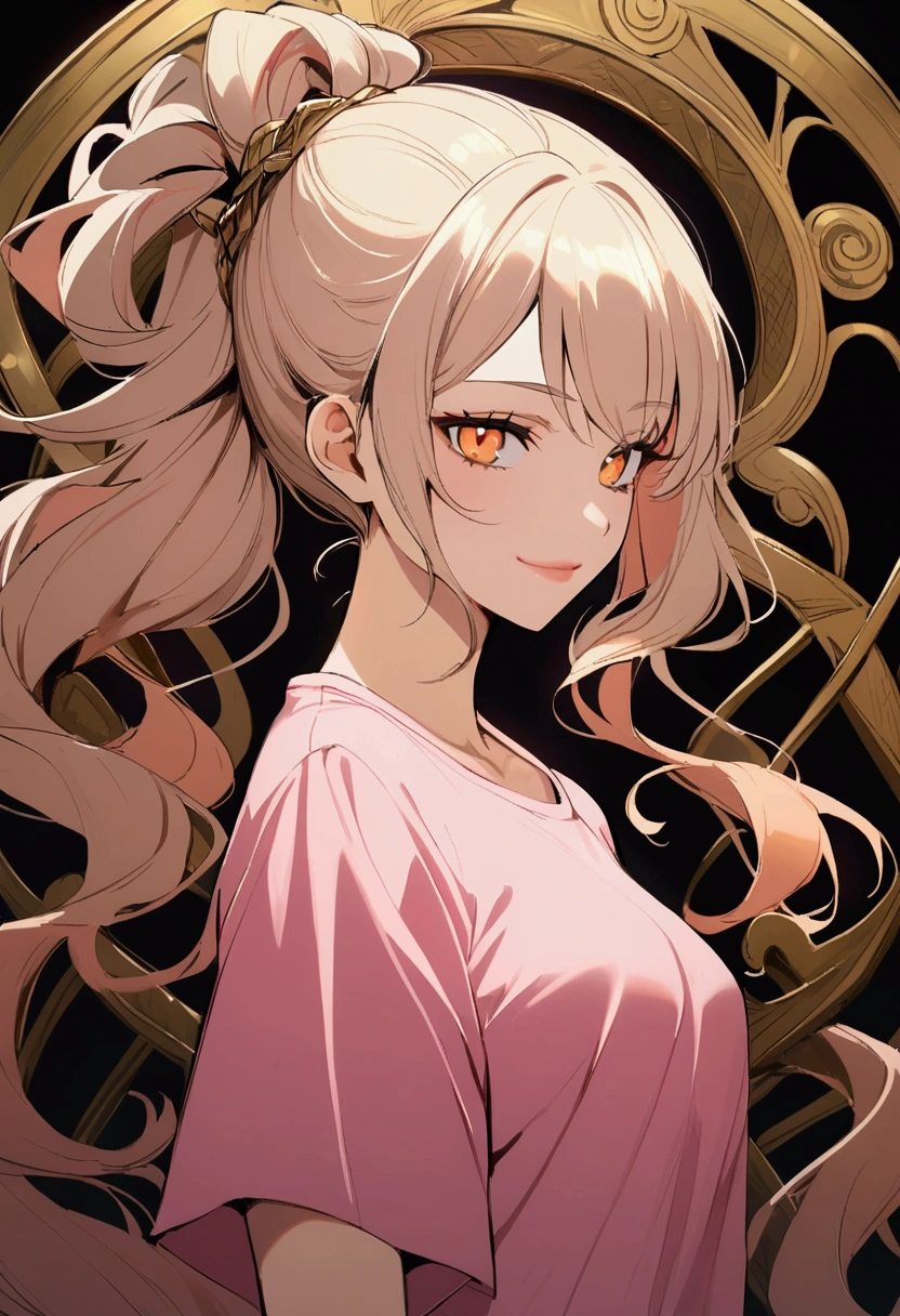 Girl with light apricot hair, long hair tied , no bangs, gold eyes, pink t-shirt, sly smile, sly,