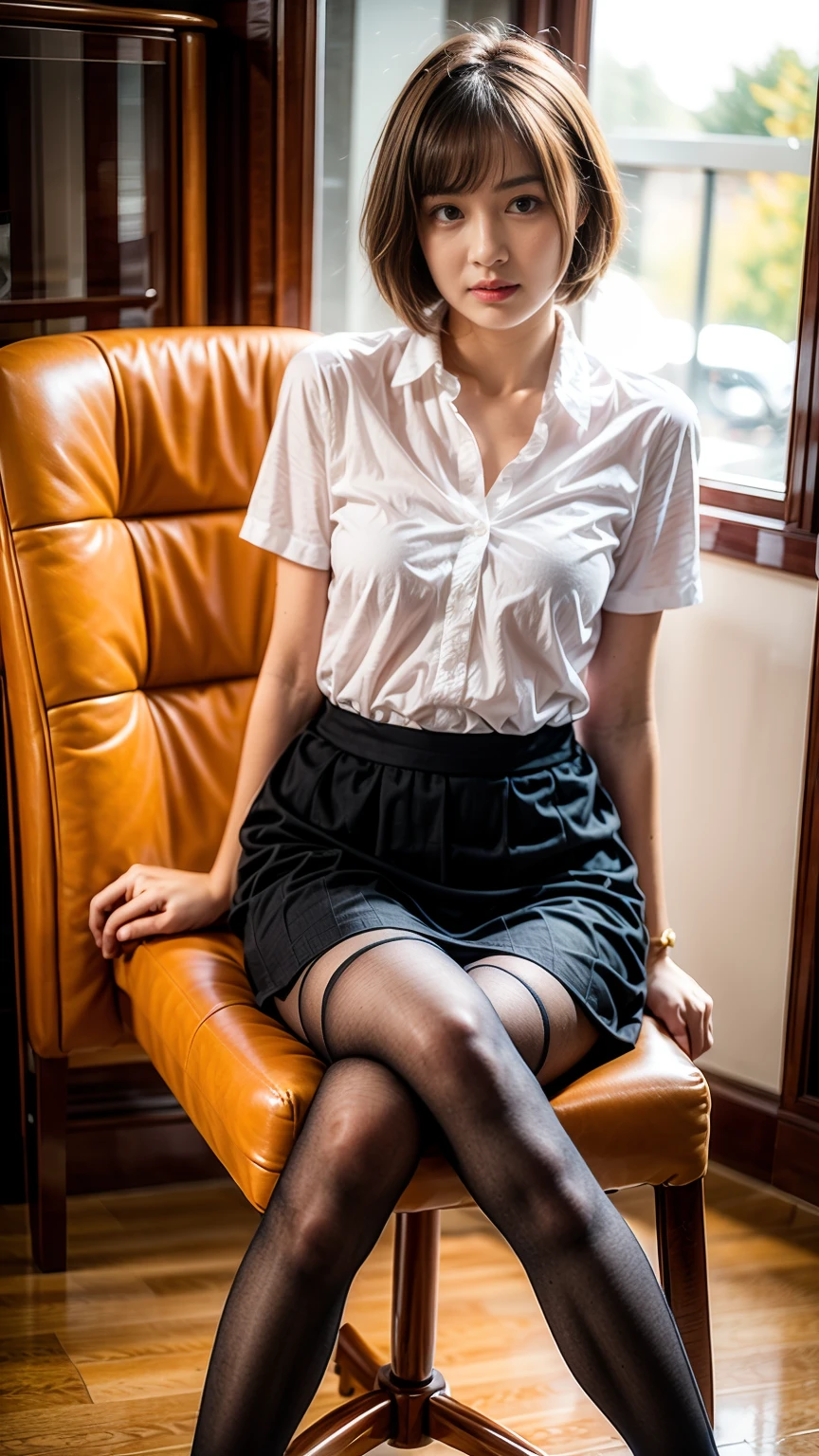 (Elite secretary of the upper class in light underwear), Sitting in a chair and working in the office、 (Wearing pantyhose)、(Short Layer Hair)、crossed legs, Wear high-end high heels、 (thighhighs and skirt), Shirt secretary, businesswoman,  Wear shirts and skirts, Business attire, business outfit, Raw photo, (8K、top-quality、​masterpiece:1.2)、(intricate detailes:1.4)、(Photorealsitic:1.4)、octane renderings、Complex 3D rendering ultra detail, Studio Soft Light, Rim Lights, vibrant detail, super detailing, realistic skin textures, Detail Face, Beautiful detail eyes, Very detailed CG Unity 16k wallpaper, make - up, (detailedbackground:1.2), (Exposed thighs), wide angel photo, ************, soft long wavy blunt bangs black hair