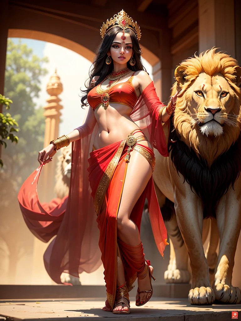 Sexy hot (Beautiful face), (Attractive body), (Complete Body Picture), Modern Indian Goddess, (Transparent Red Sari), Dynamic Pose, God's Crown, (Lion Standing Nearby), Colorful, Eye-catching, Heavenly.