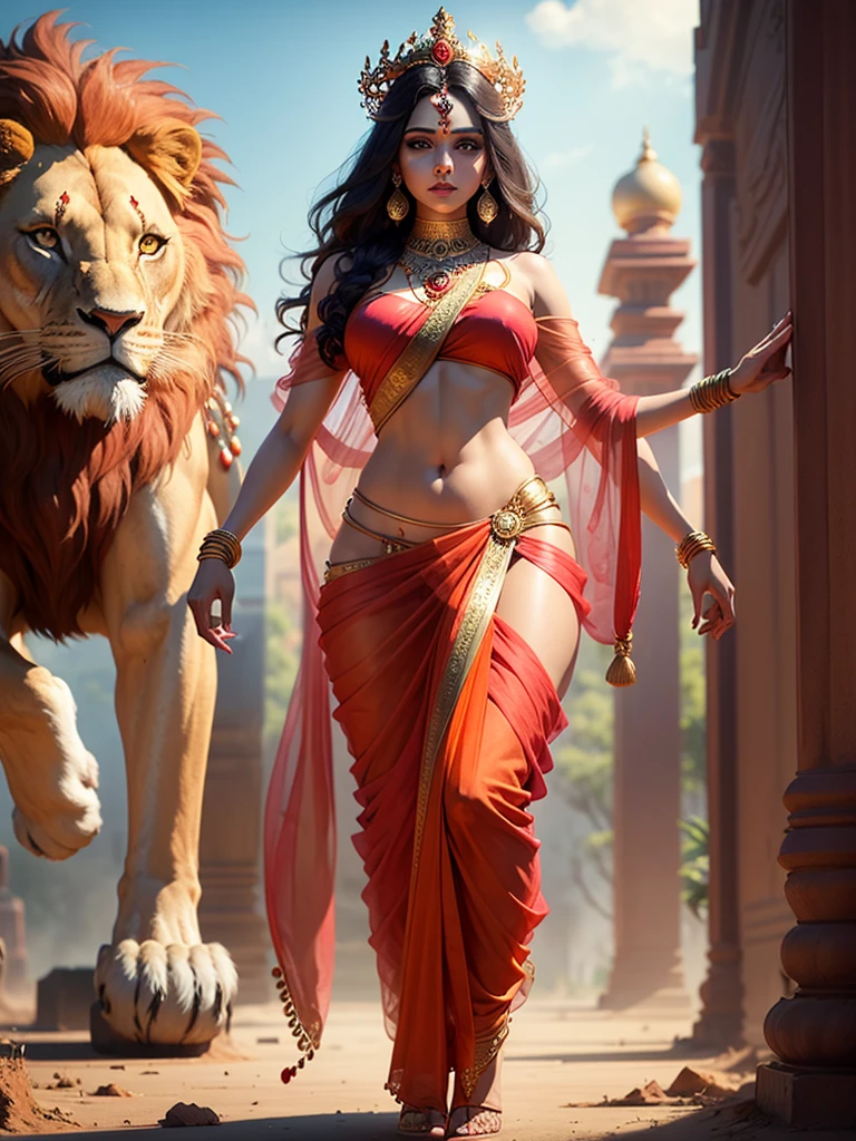 Sexy hot (Beautiful face), (Attractive body), (Complete Body Picture), Modern Indian Goddess, (Transparent Red Sari), Dynamic Pose, God's Crown, (Lion Standing Nearby), Colorful, Eye-catching, Heavenly.